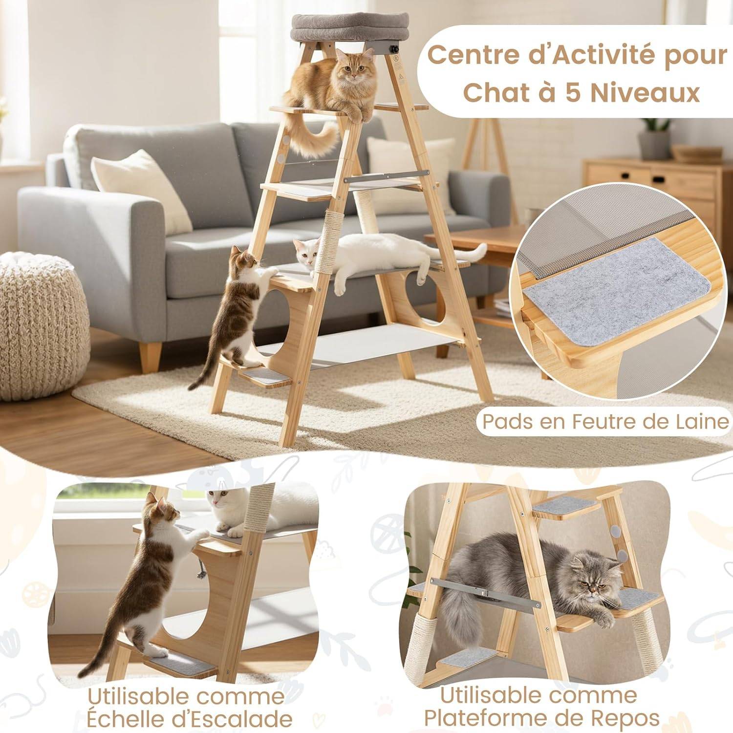 Costway - Arbre à Chat Pliable à 5 Niveaux, Arbre a Chat Bois de Pin, 8 Échelle avec Tampons en Feutre de Laine, 3 Hamacs en Tissu, Coussin Amovible, Poteaux à - Image 2