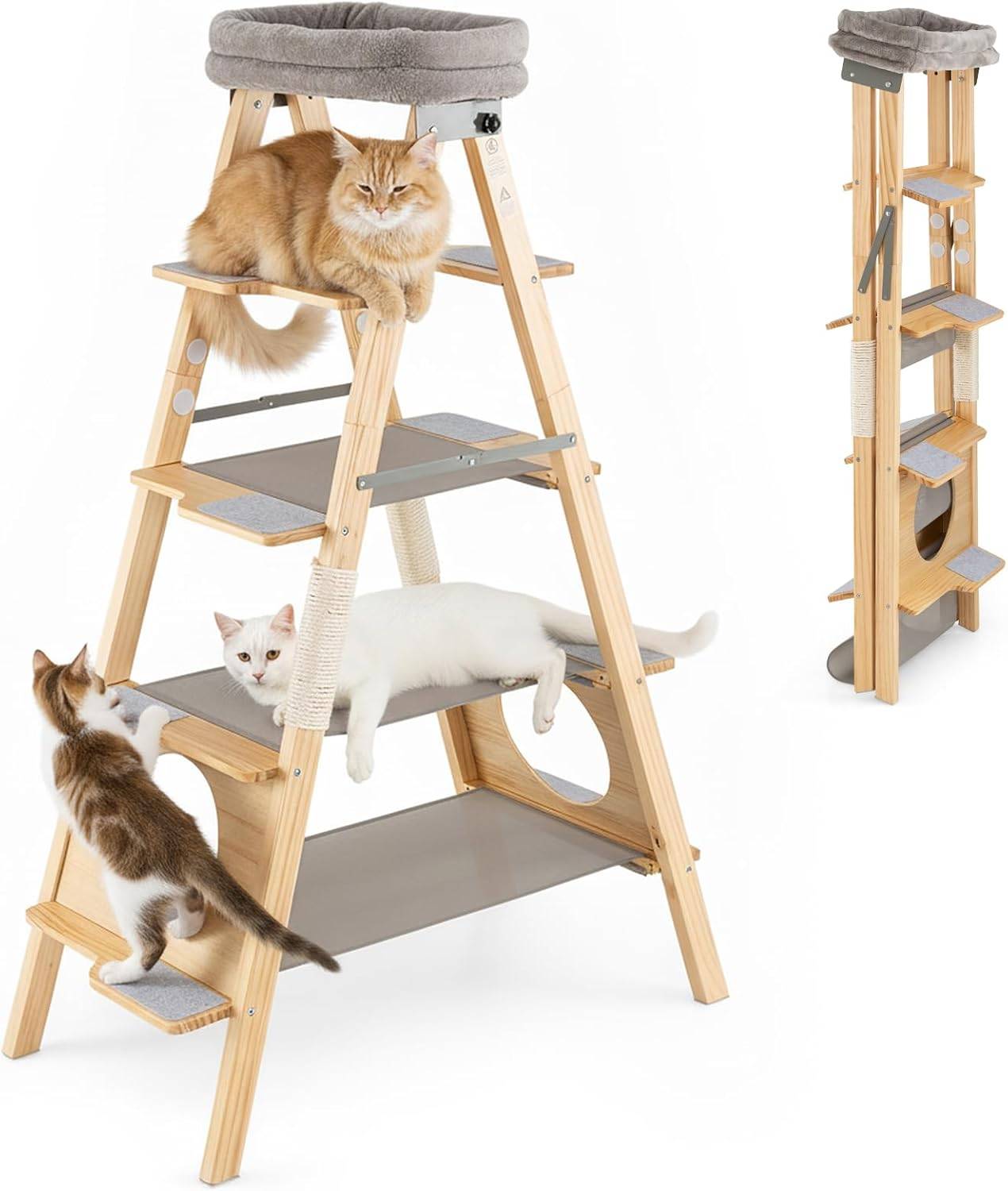Costway - Arbre à Chat Pliable à 5 Niveaux, Arbre a Chat Bois de Pin, 8 Échelle avec Tampons en Feutre de Laine, 3 Hamacs en Tissu, Coussin Amovible, Poteaux à - Image 1