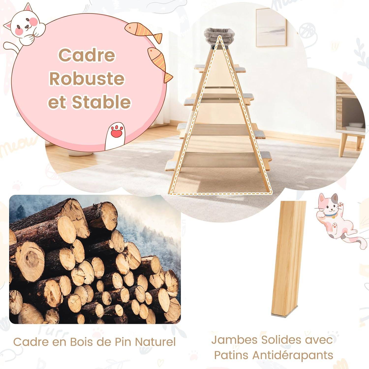 Costway - Arbre à Chat Pliable à 5 Niveaux, Arbre a Chat Bois de Pin, 8 Échelle avec Tampons en Feutre de Laine, 3 Hamacs en Tissu, Coussin Amovible, Poteaux à - Image 5
