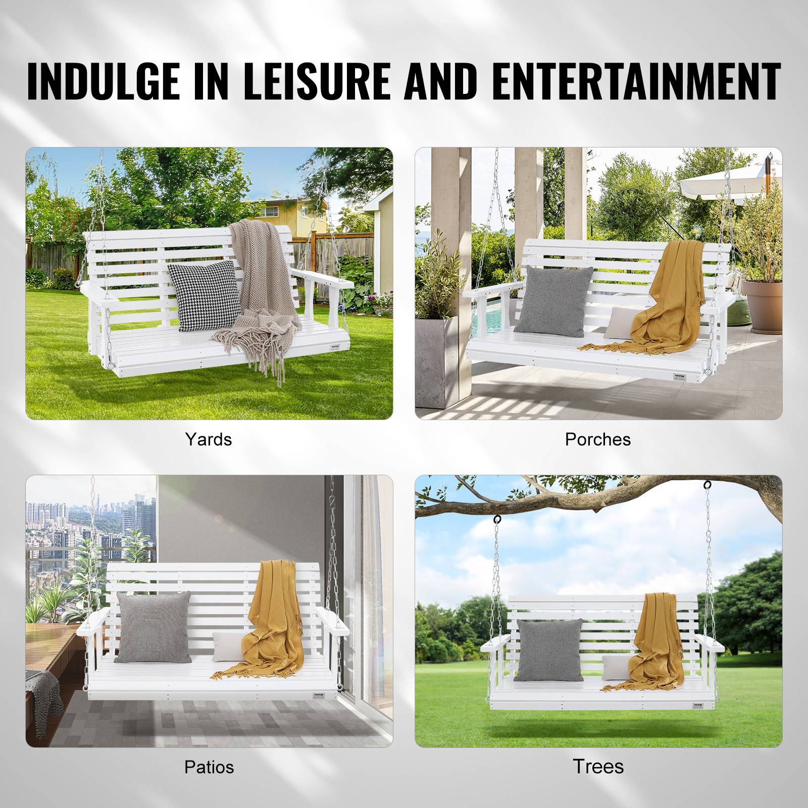 Vevor - VEVOR Balançoire porche bois 1370x710x600 mm, charge 400 kg. Chaines suspension, terrasse, blanc. - Image 6
