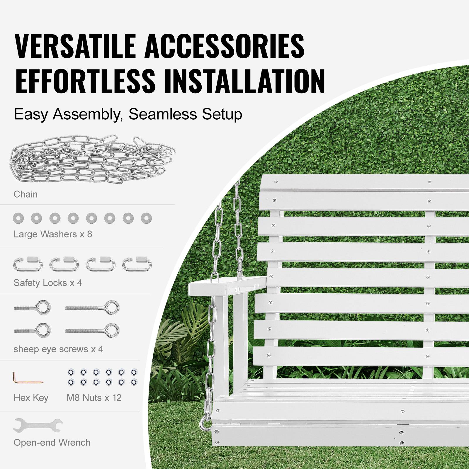 Vevor - VEVOR Balançoire porche bois 1370x710x600 mm, charge 400 kg. Chaines suspension, terrasse, blanc. - Image 5