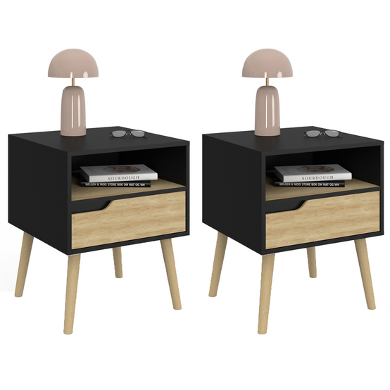 Lot de 2 tables de chevet HELSINKI scandinaves 1 tiroir avec niche noir et effet hêtre - Image 2
