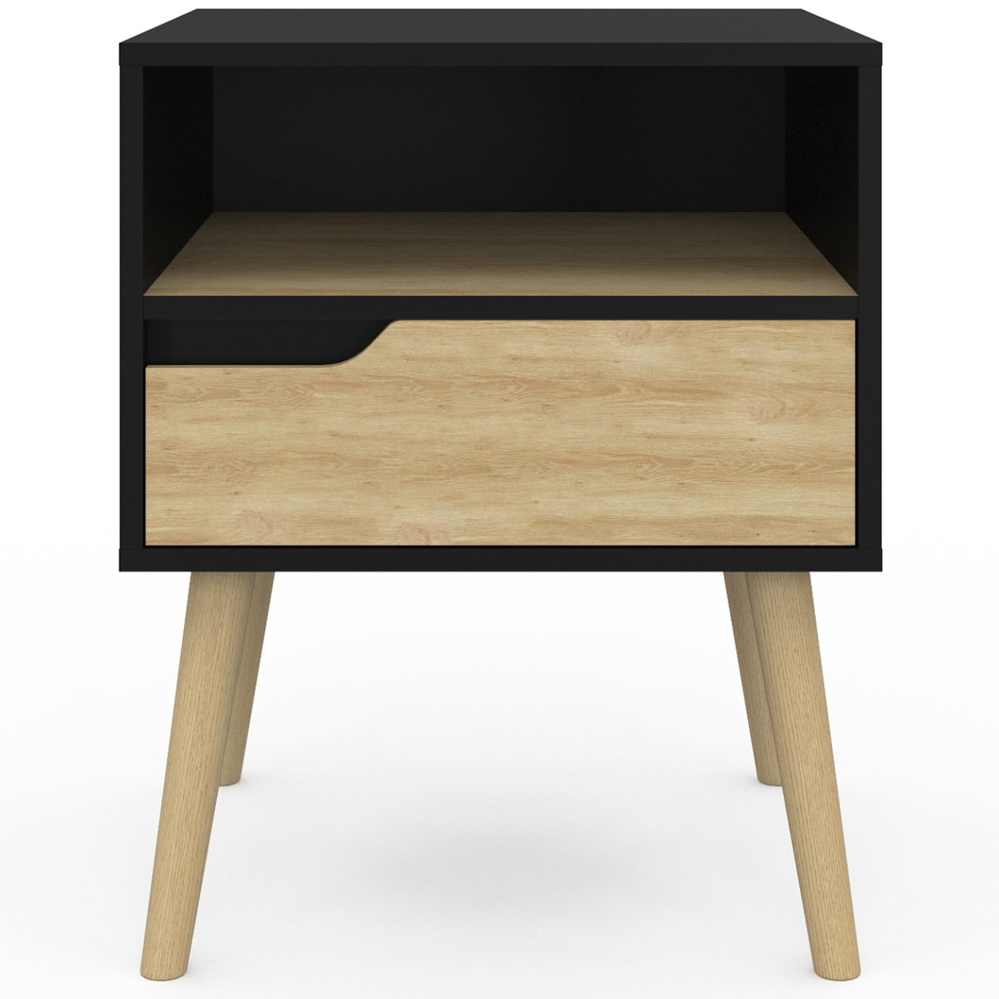 Lot de 2 tables de chevet HELSINKI scandinaves 1 tiroir avec niche noir et effet hêtre - Image 3