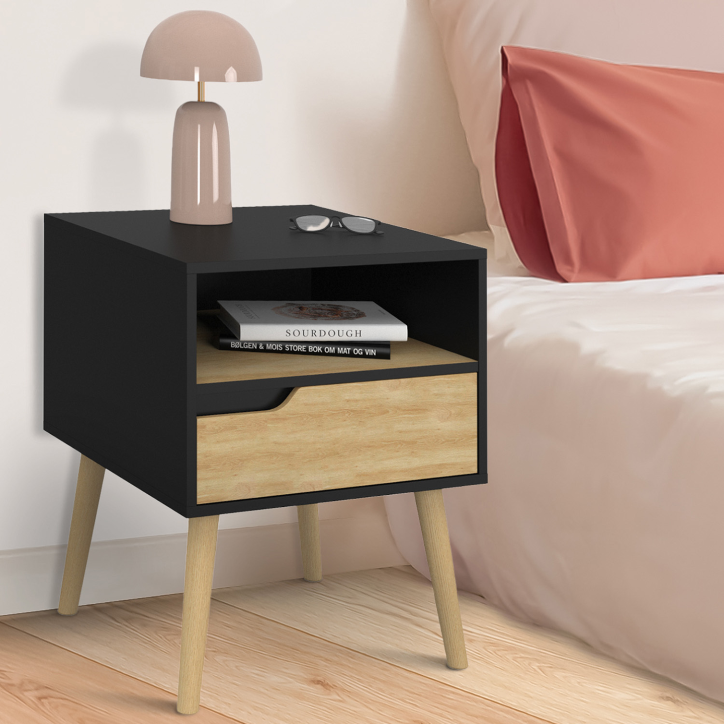 Lot de 2 tables de chevet HELSINKI scandinaves 1 tiroir avec niche noir et effet hêtre - Image 1