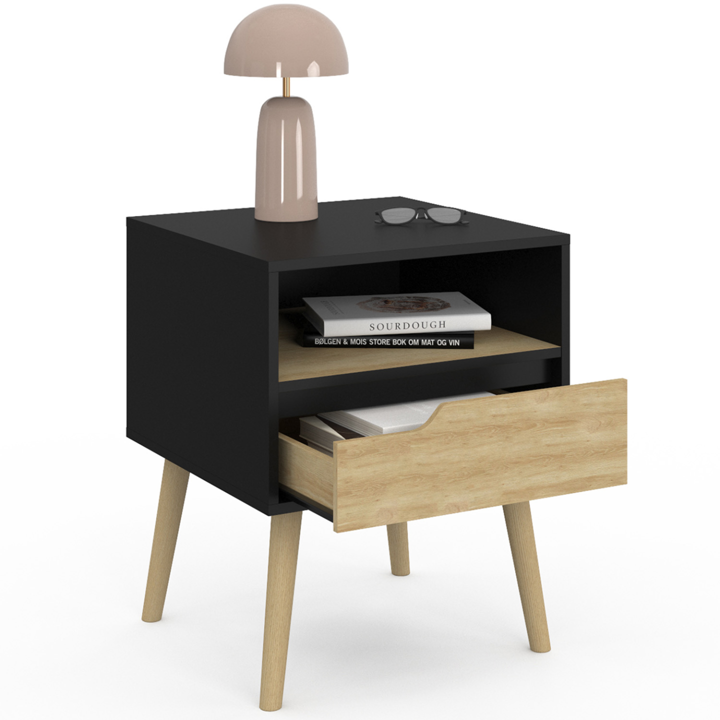 Lot de 2 tables de chevet HELSINKI scandinaves 1 tiroir avec niche noir et effet hêtre - Image 4