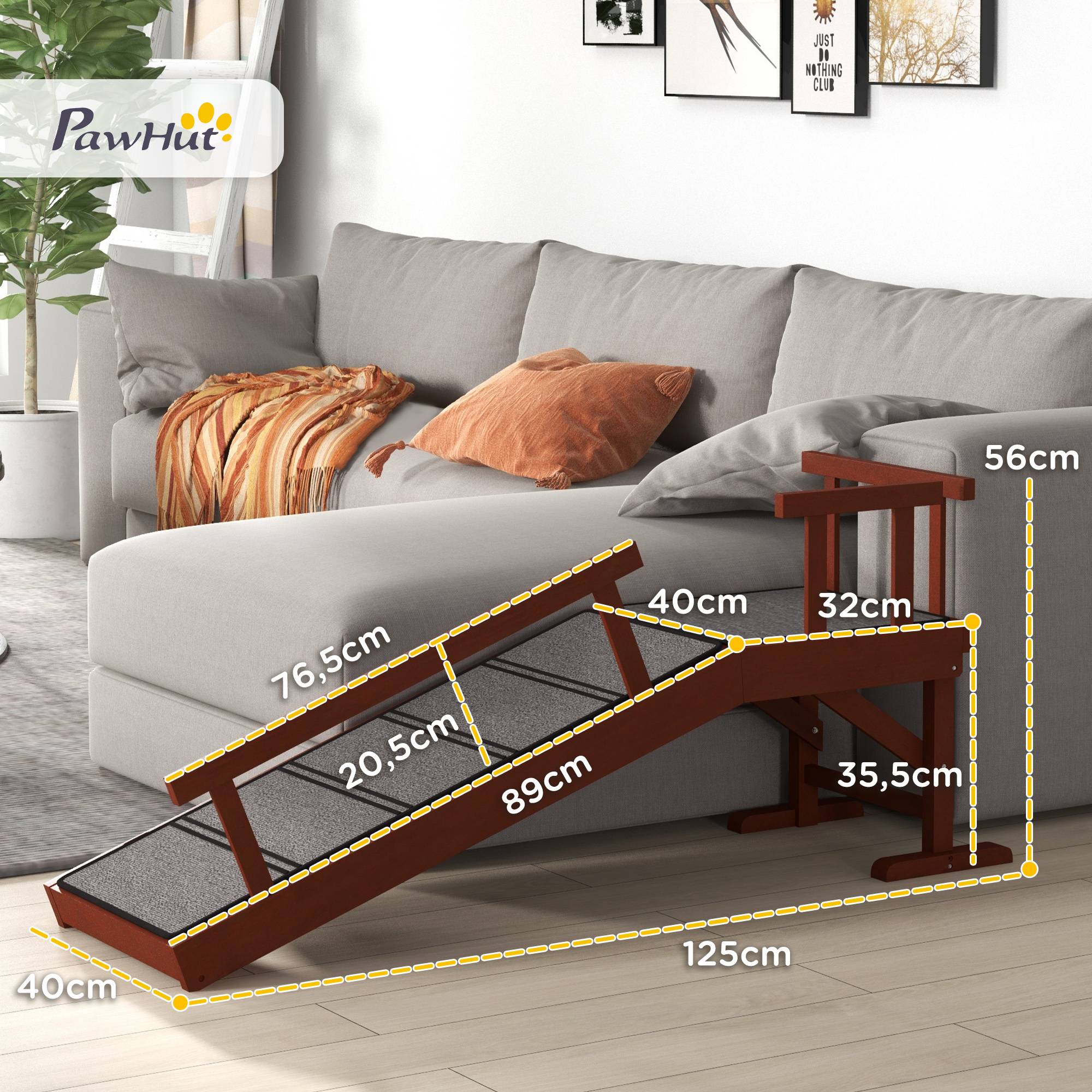 Rampe pour chien, rampes amovibles, antidérapante, bois, jusqu'à 30 kg, 125x40x56cm, marron/gris - Image 5