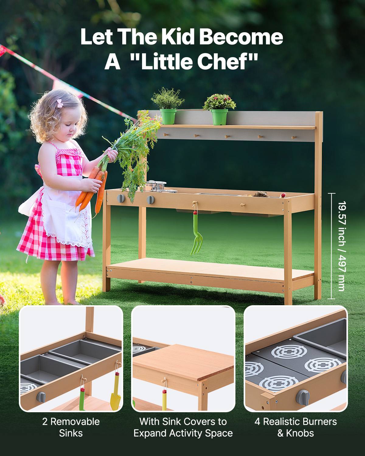 Vevor - VEVOR Cuisine de boue en bois de cèdre 1000 mm, jeu extérieur avec 2 éviers amovibles, cuisinière factice et accessoires, pour tout-petits. - Image 3