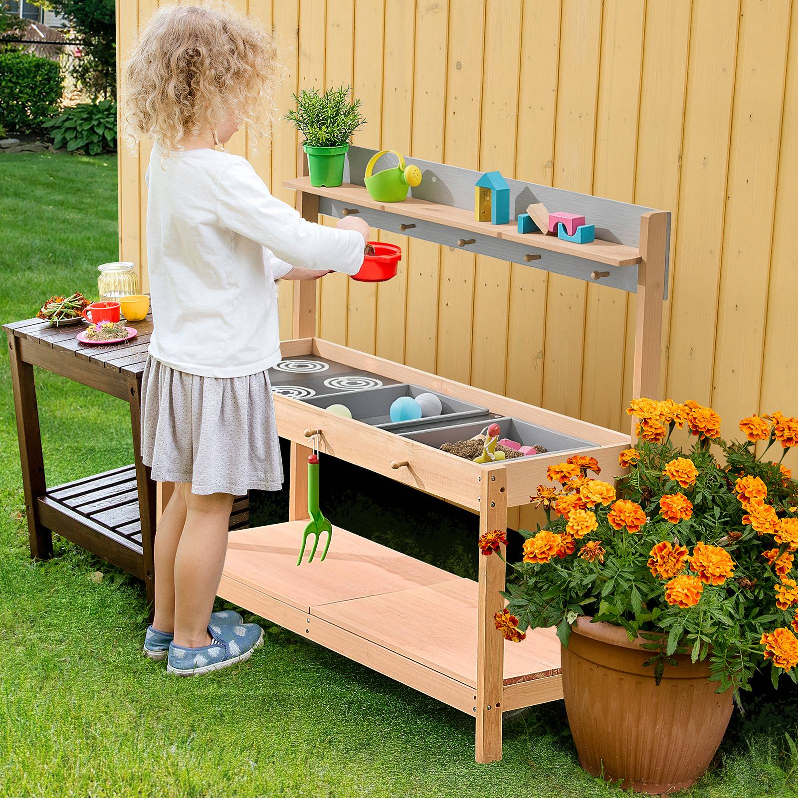 Vevor - VEVOR Cuisine de boue en bois de cèdre 1000 mm, jeu extérieur avec 2 éviers amovibles, cuisinière factice et accessoires, pour tout-petits. - Image 8