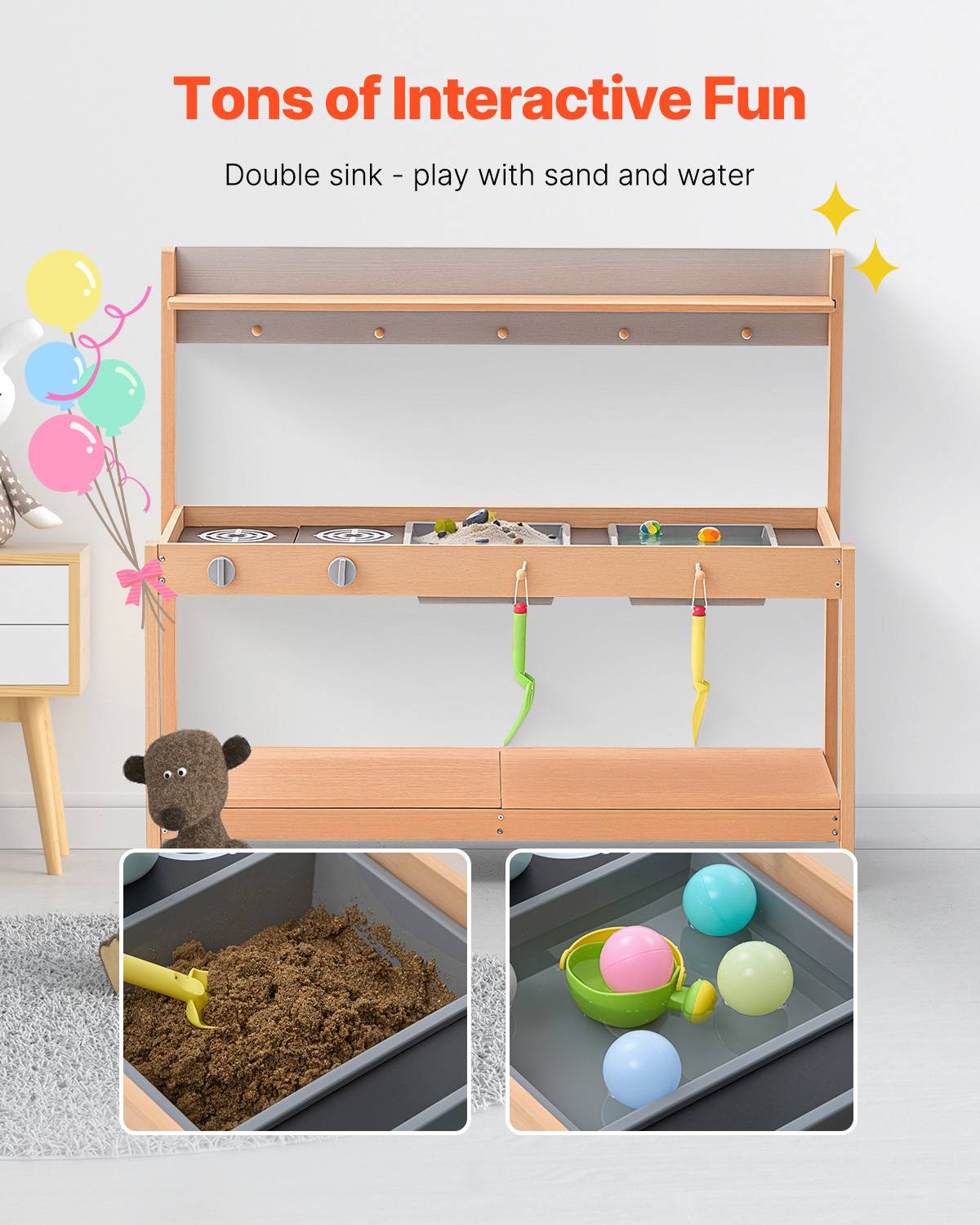 Vevor - VEVOR Cuisine de boue en bois de cèdre 1000 mm, jeu extérieur avec 2 éviers amovibles, cuisinière factice et accessoires, pour tout-petits. - Image 4