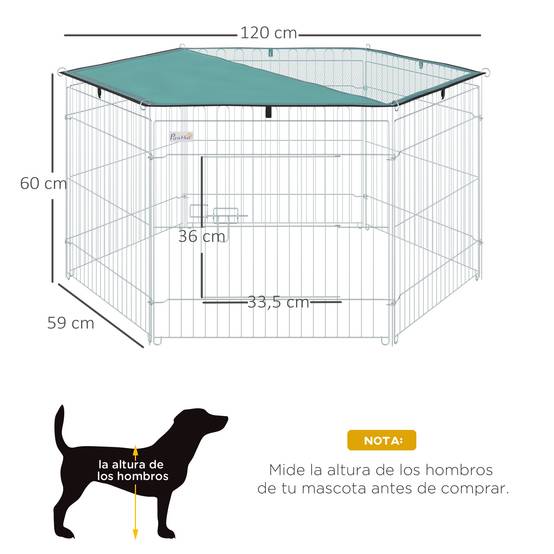 Parc pour chien 6 panneaux 59x60 cm, pliable, en métal, avec porte à loquet et auvent supérieur, pour jardin, terrasse ou extérieur, couleur argent. - Image 5