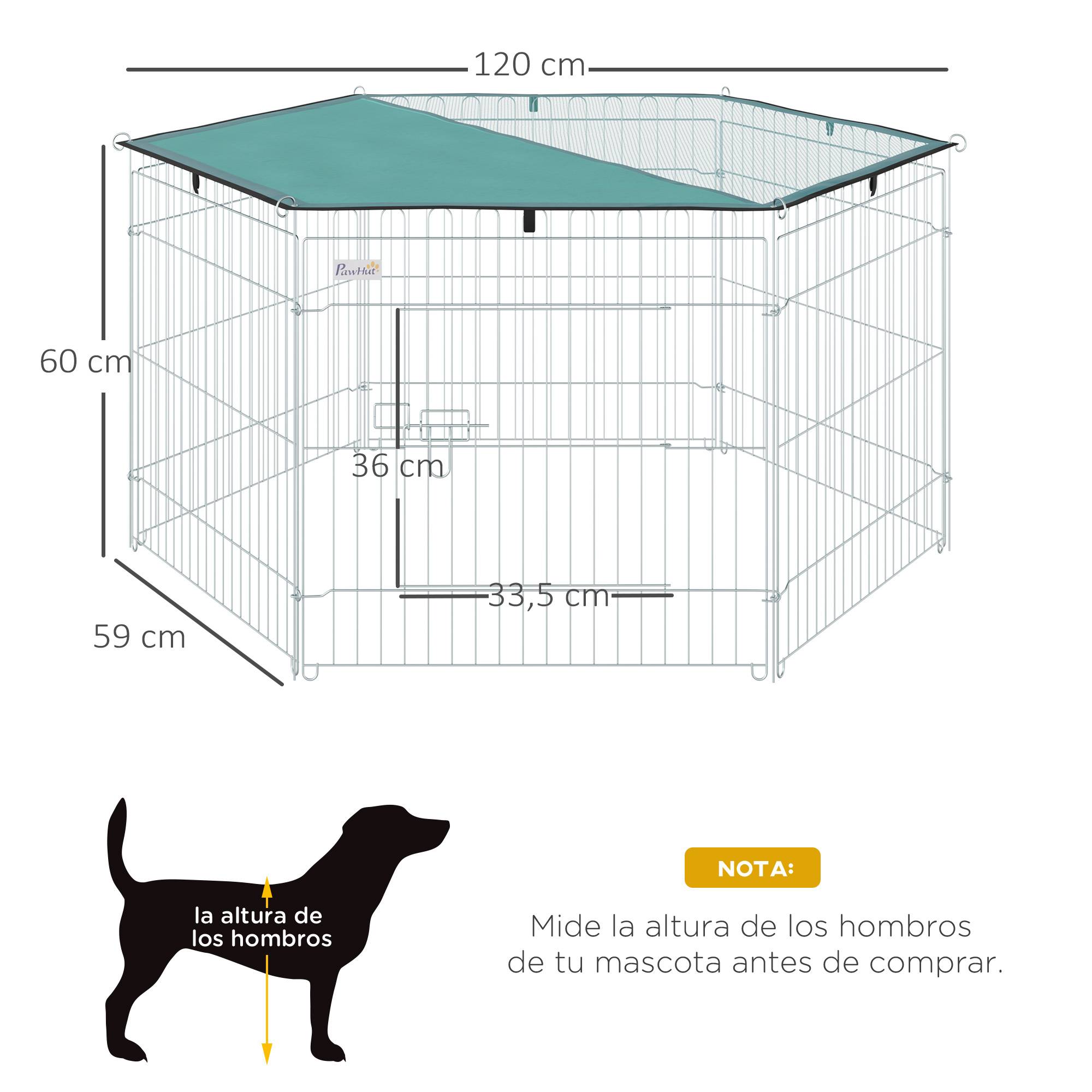 Parc pour chien 6 panneaux 59x60 cm, pliable, en métal, avec porte à loquet et auvent supérieur, pour jardin, terrasse ou extérieur, couleur argent. - Image 5