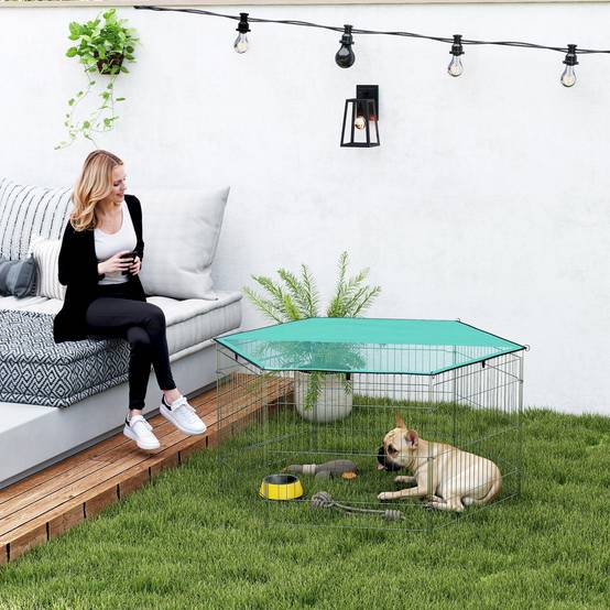 Parc pour chien 6 panneaux 59x60 cm, pliable, en métal, avec porte à loquet et auvent supérieur, pour jardin, terrasse ou extérieur, couleur argent. - Image 3