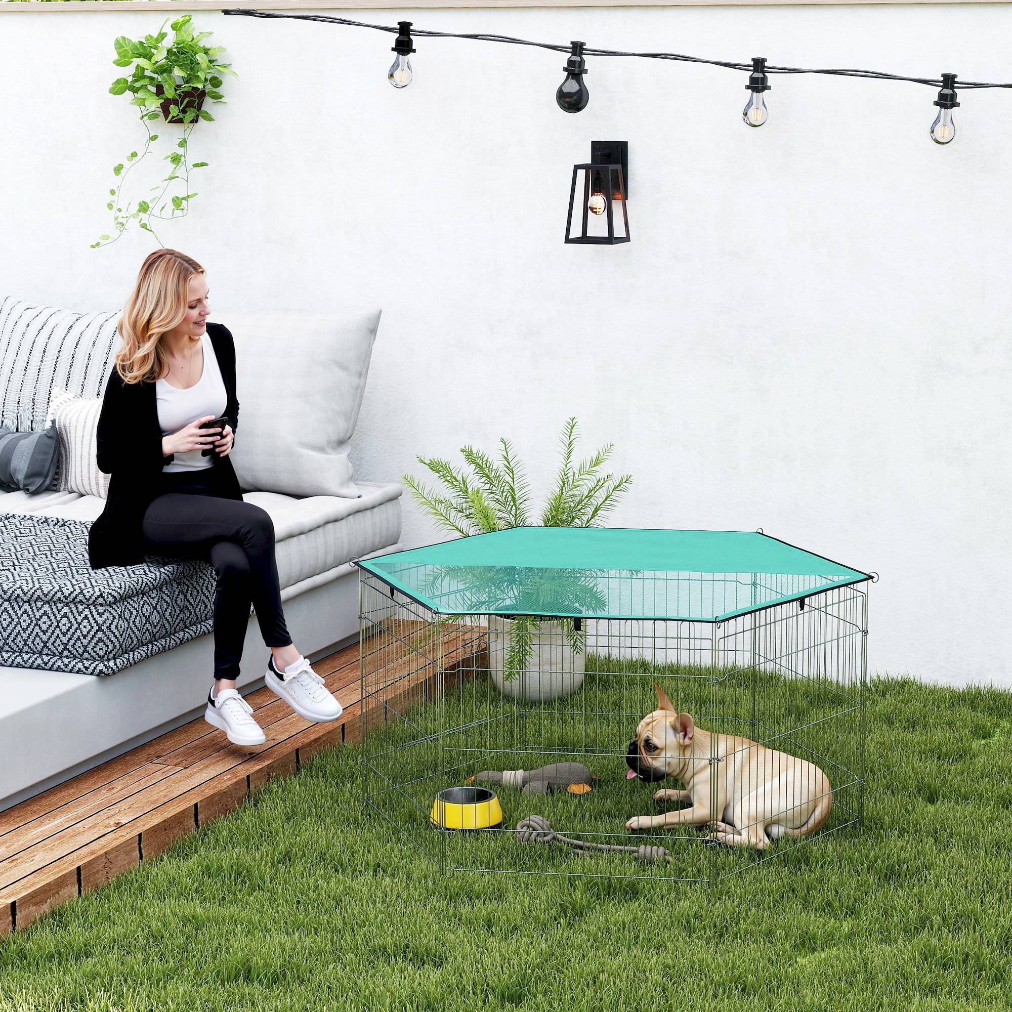 Parc pour chien 6 panneaux 59x60 cm, pliable, en métal, avec porte à loquet et auvent supérieur, pour jardin, terrasse ou extérieur, couleur argent. - Image 3