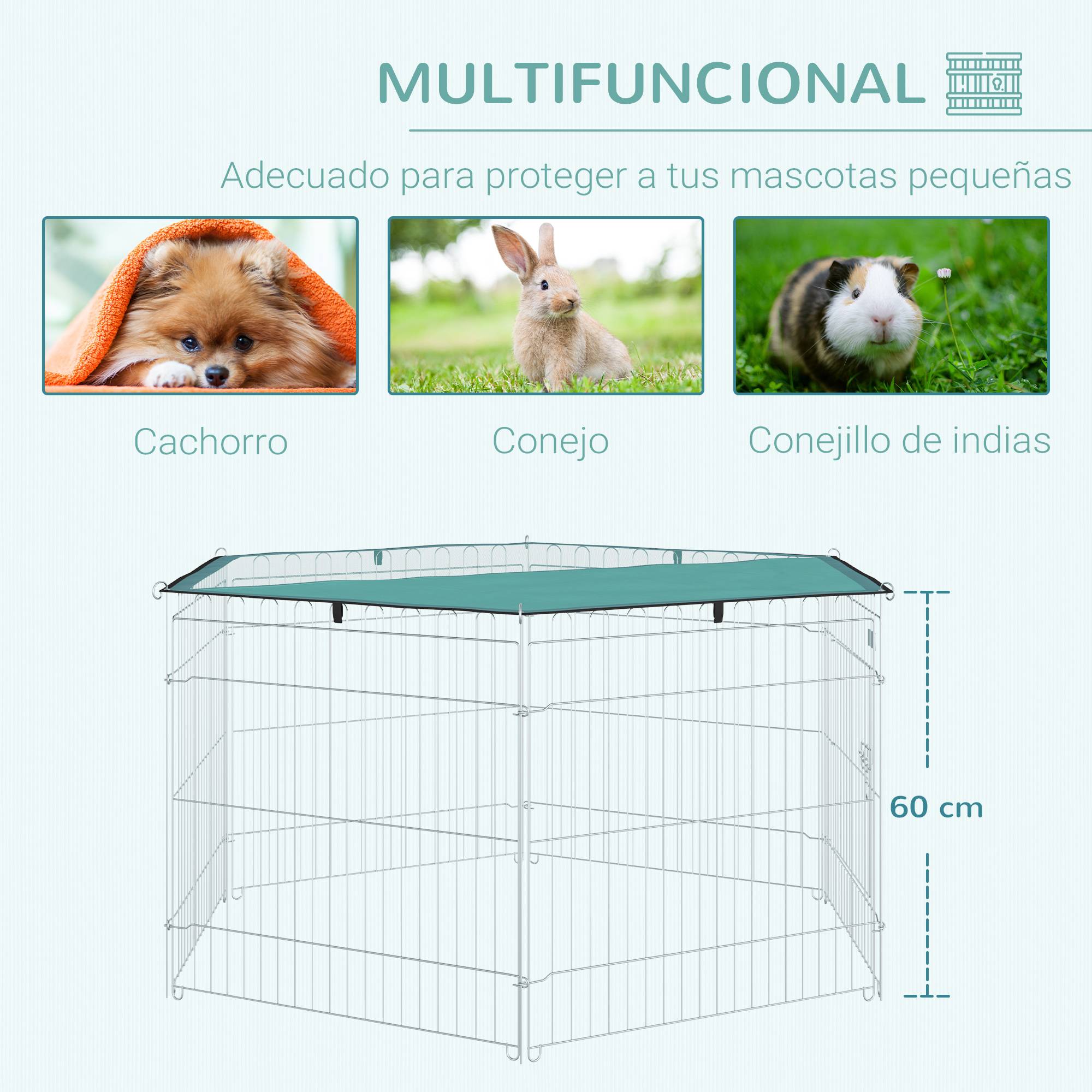 Parc pour chien 6 panneaux 59x60 cm, pliable, en métal, avec porte à loquet et auvent supérieur, pour jardin, terrasse ou extérieur, couleur argent. - Image 9