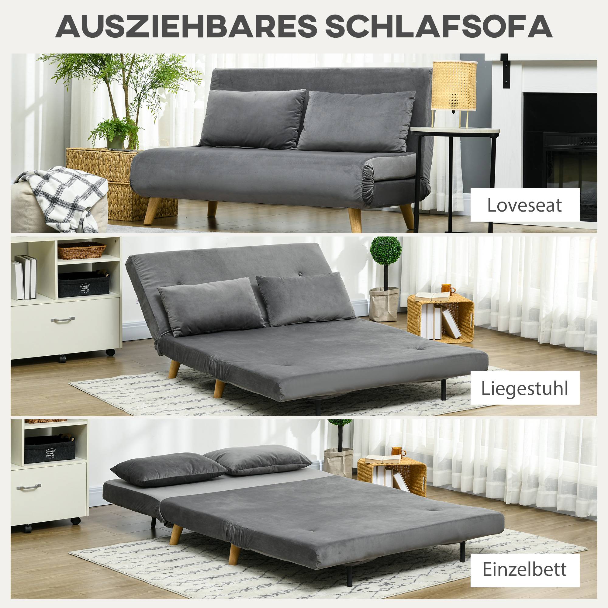 Canapé-lit, canapé inclinable, divan, avec 2 coussins, aspect velours, 130 x 78 x 79 cm, gris - Image 6