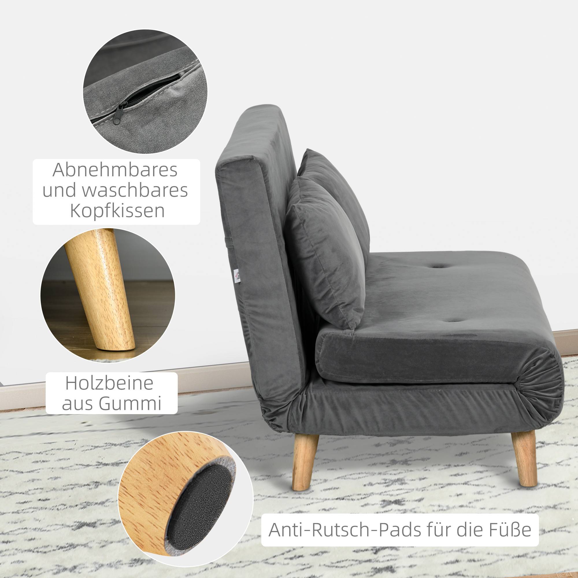 Canapé-lit, canapé inclinable, divan, avec 2 coussins, aspect velours, 130 x 78 x 79 cm, gris - Image 9