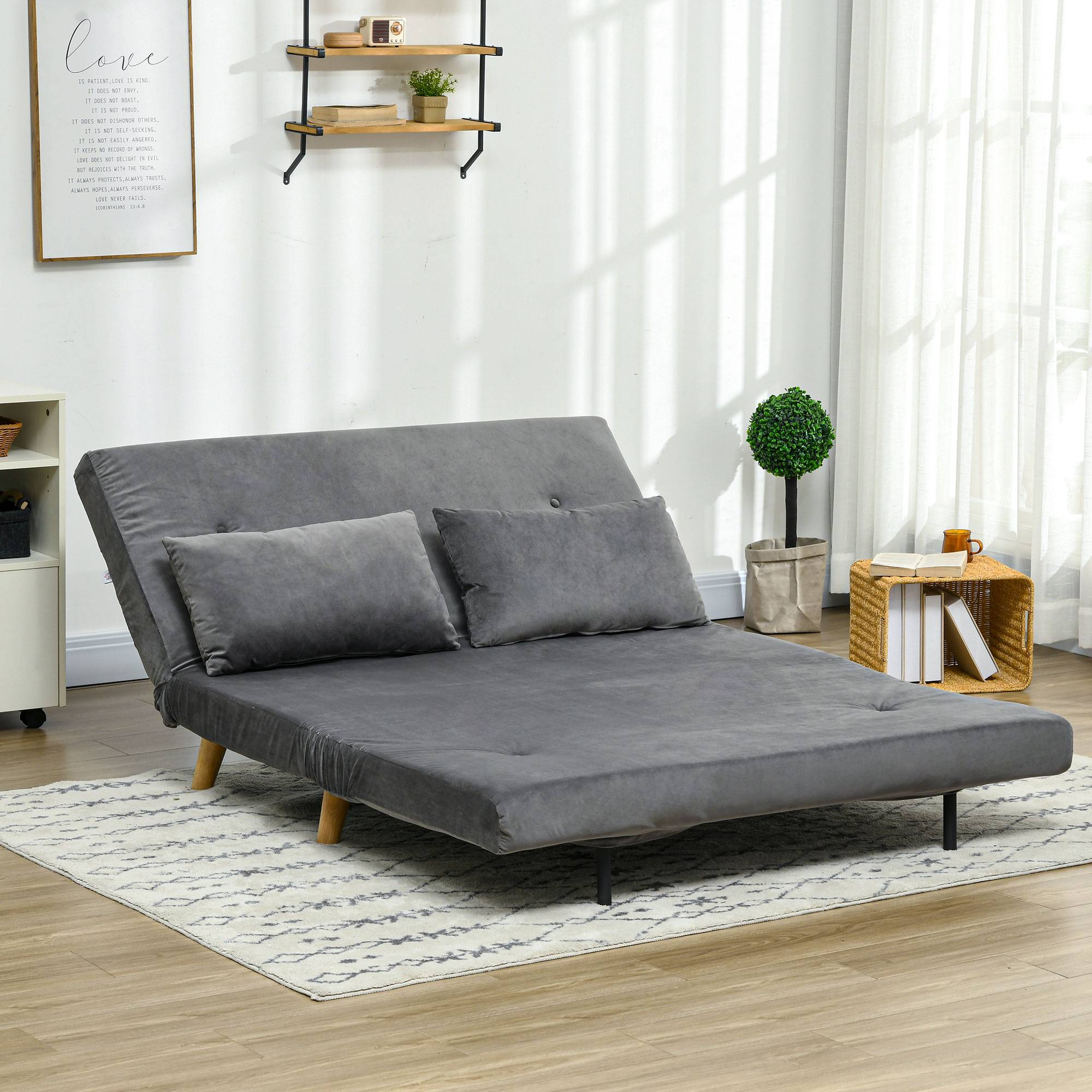Canapé-lit, canapé inclinable, divan, avec 2 coussins, aspect velours, 130 x 78 x 79 cm, gris - Image 4