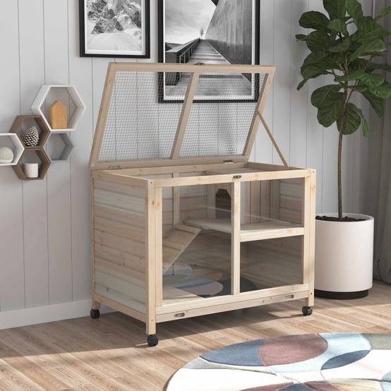 Clapier d'Intérieur Mobile Bois Naturel pour Lapins Nains Design Compact Façade Transparente - ComfortXL Outdoor Living - Image 4
