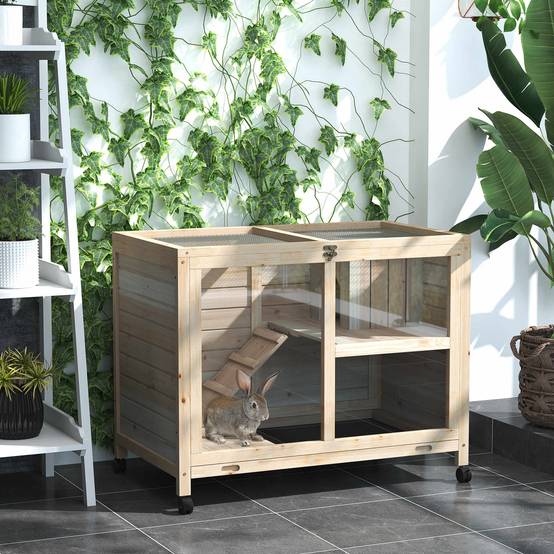 Clapier d'Intérieur Mobile Bois Naturel pour Lapins Nains Design Compact Façade Transparente - ComfortXL Outdoor Living - Image 3