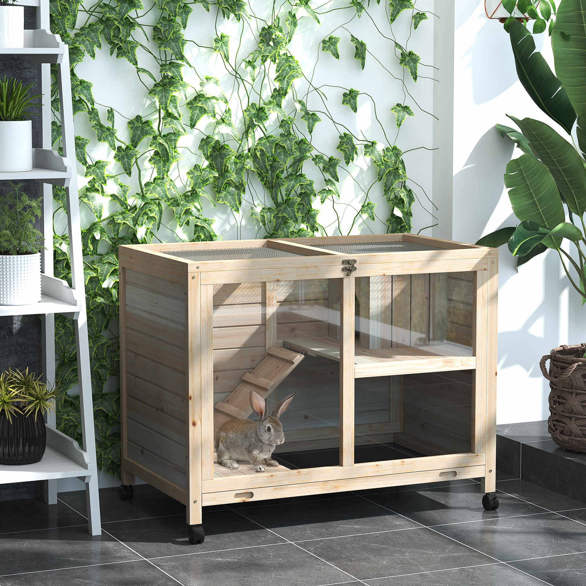 Clapier d'Intérieur Mobile Bois Naturel pour Lapins Nains Design Compact Façade Transparente - ComfortXL Outdoor Living - Image 3