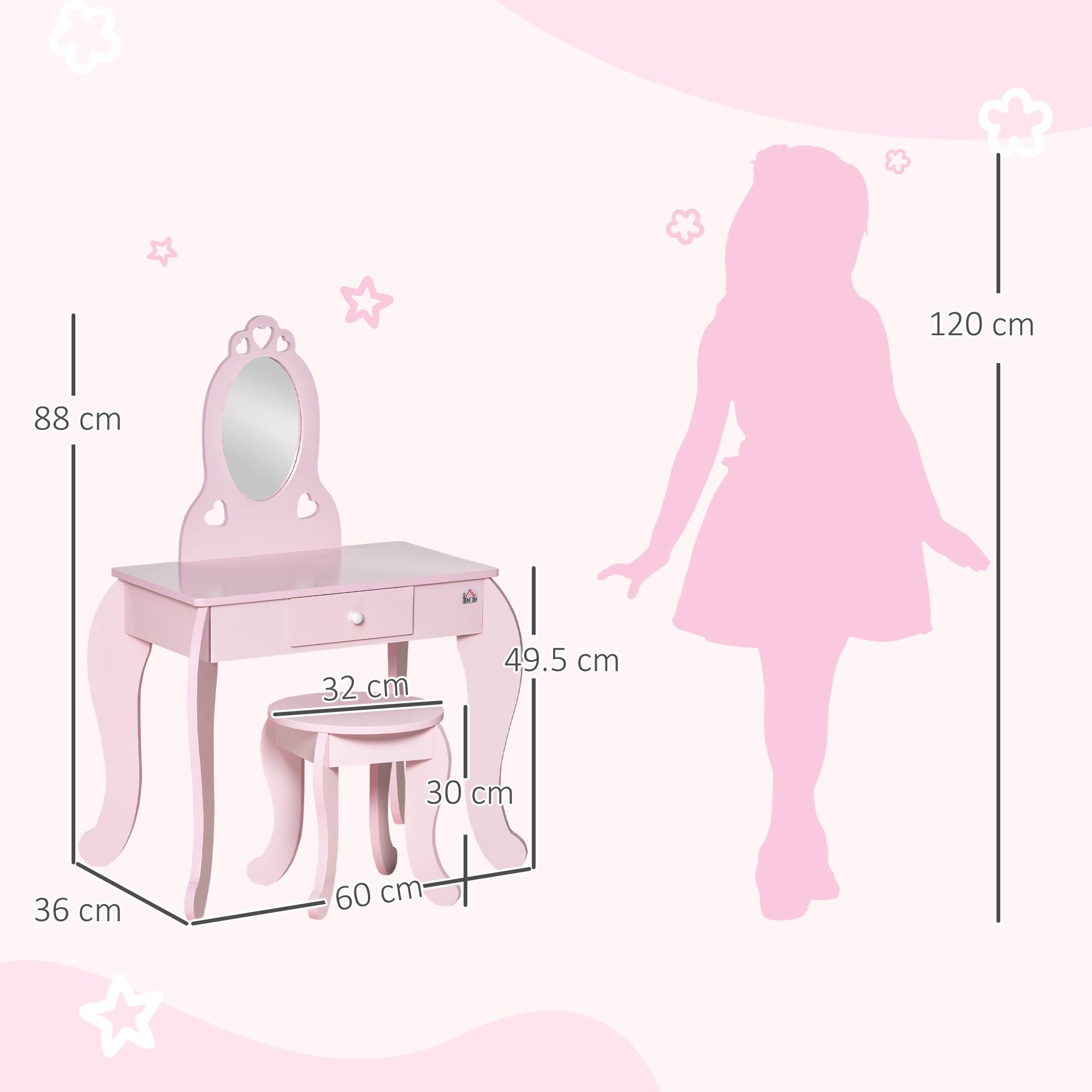 Sans Marque - Coiffeuse enfant avec tabouret en bois, miroir et tiroir, 60 x 36 x 88 cm, rose - Image 5