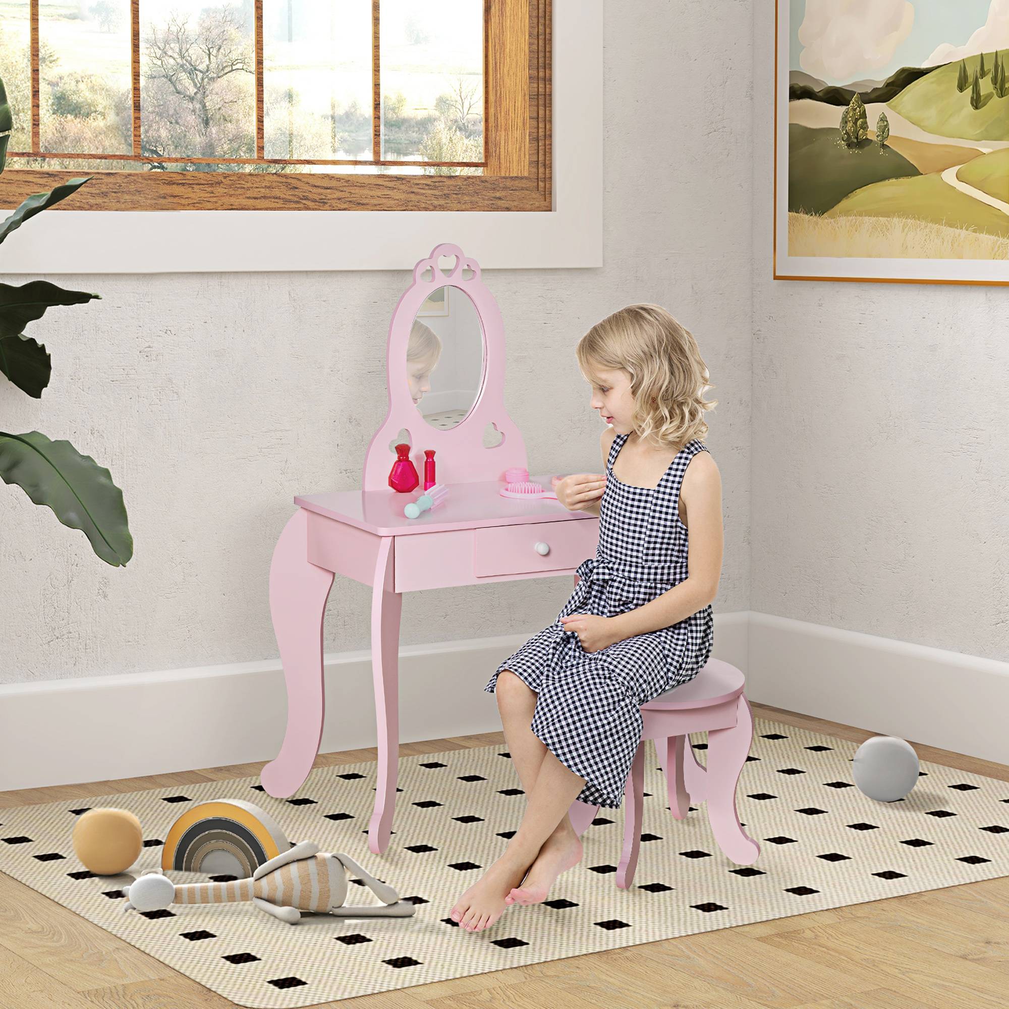 Sans Marque - Coiffeuse enfant avec tabouret en bois, miroir et tiroir, 60 x 36 x 88 cm, rose - Image 3