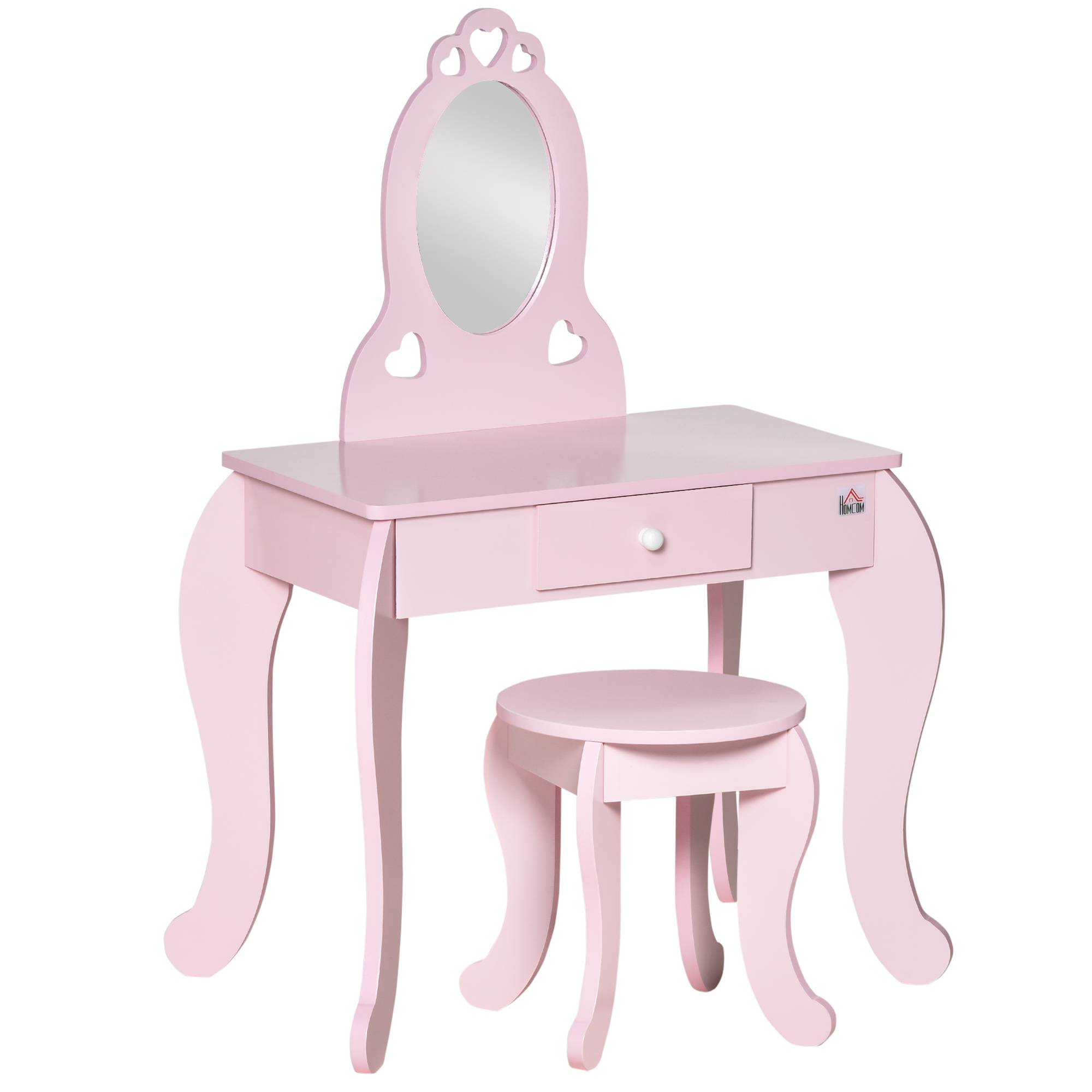 Sans Marque - Coiffeuse enfant avec tabouret en bois, miroir et tiroir, 60 x 36 x 88 cm, rose