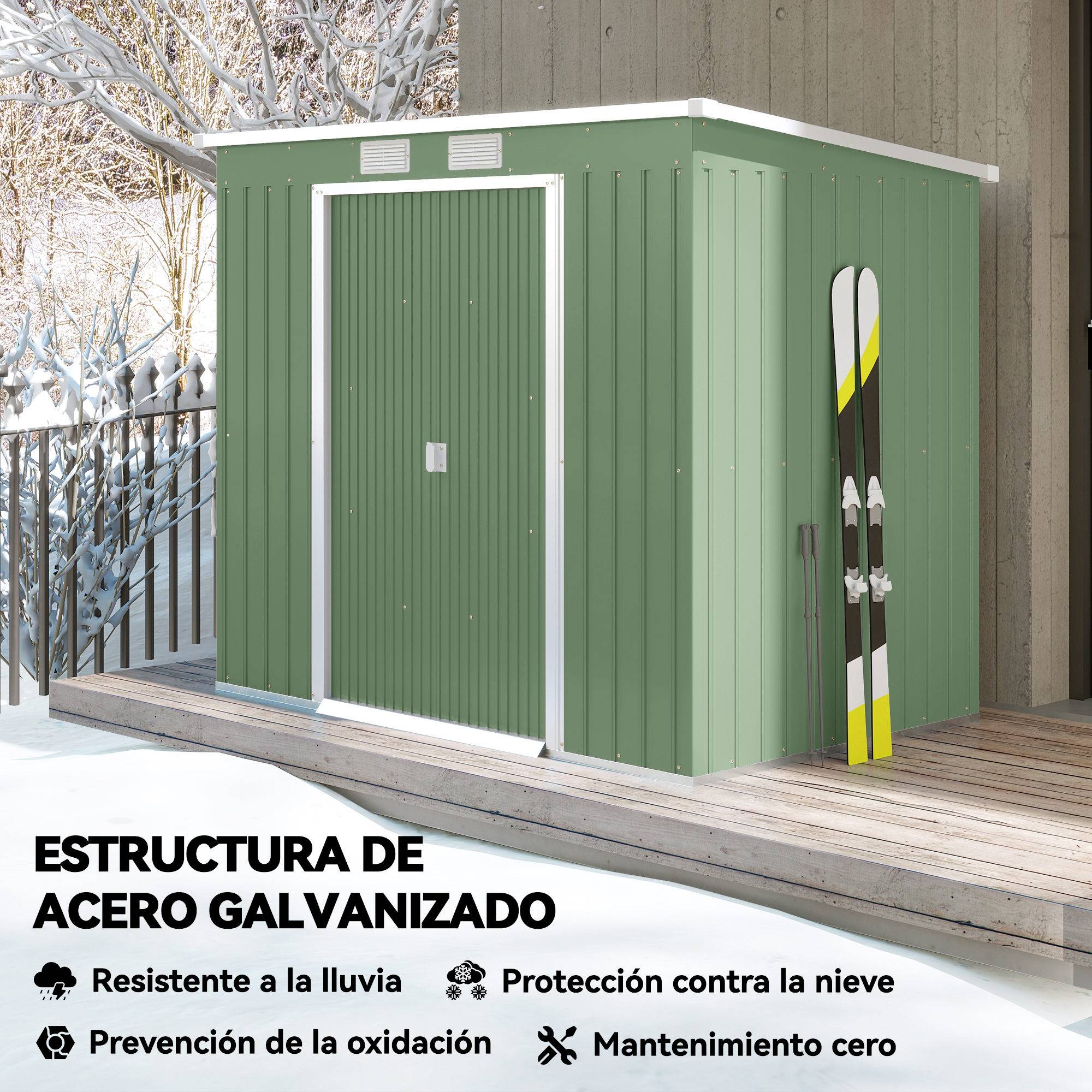 Abri de jardin 213 x 130 x 172 cm, en métal, vert olive, idéal pour ranger vos outils d'extérieur. - Image 6
