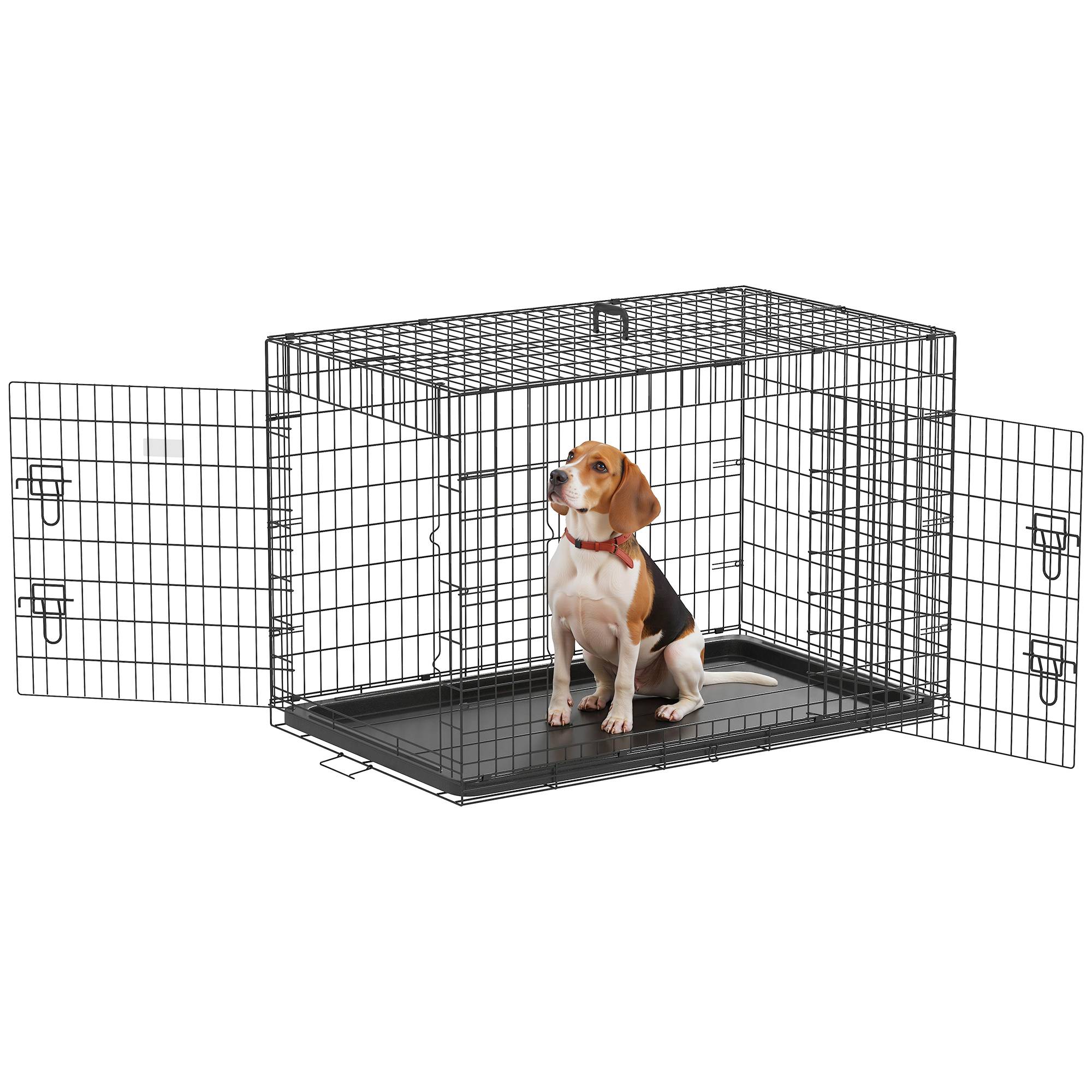 Cage pour chien pliable, chien moyen, 2 portes, bac amovible, poignée, acier, 106x68x76 cm, noir - Image 1