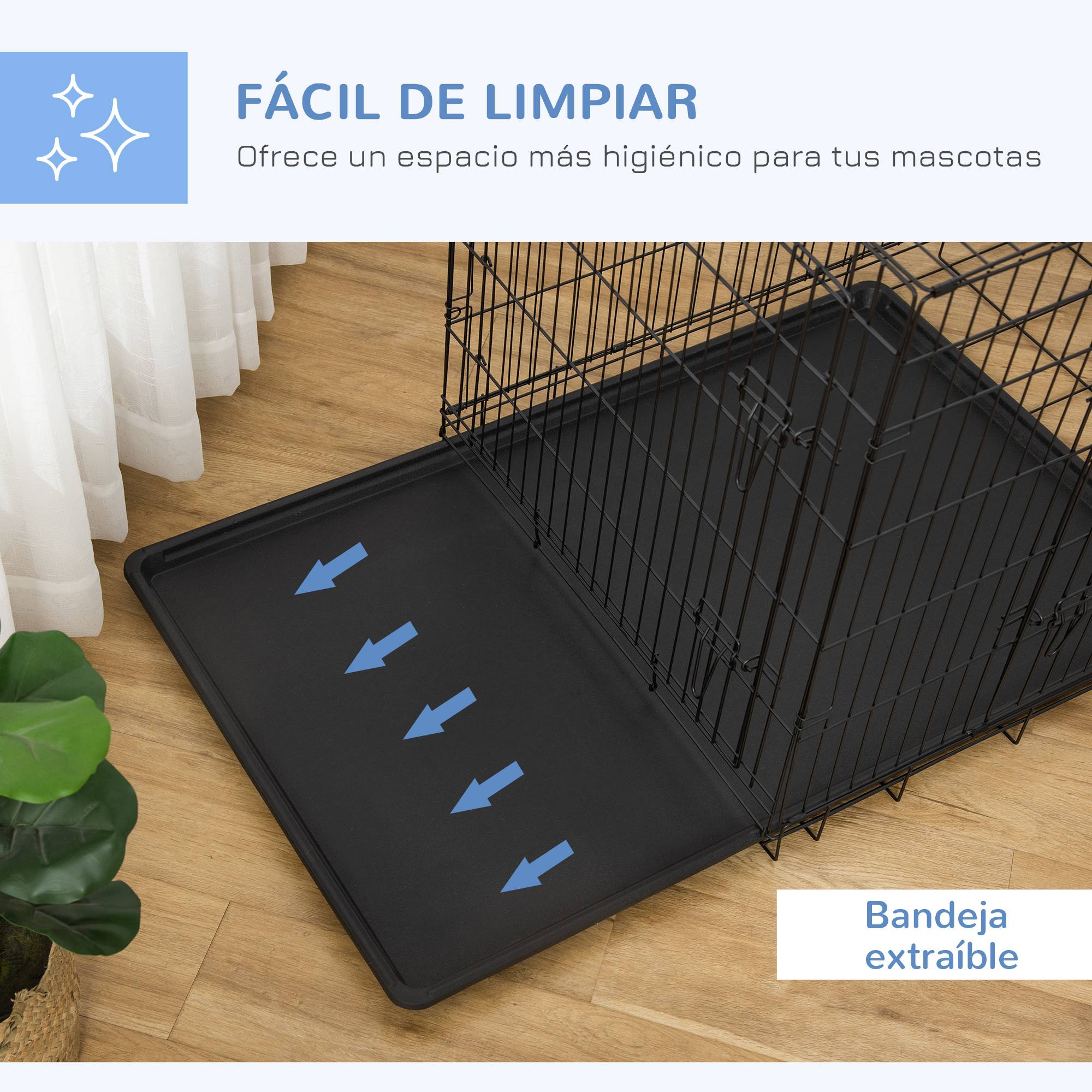 Cage pour chien pliable, chien moyen, 2 portes, bac amovible, poignée, acier, 106x68x76 cm, noir - Image 9