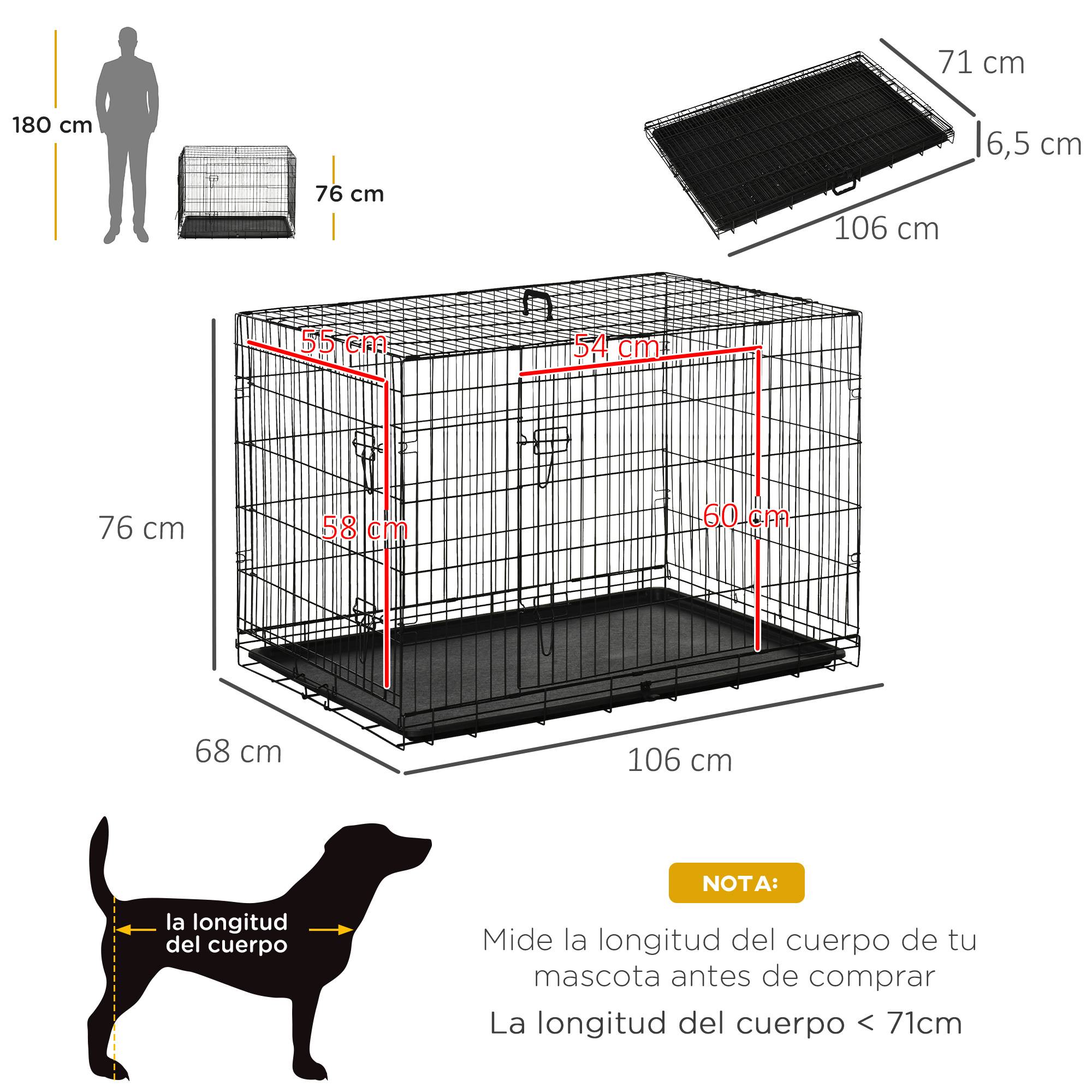 Cage pour chien pliable, chien moyen, 2 portes, bac amovible, poignée, acier, 106x68x76 cm, noir - Image 5