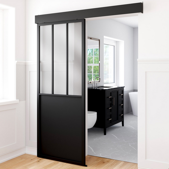 Kit porte coulissante verrière 83 cm en métal + MDF avec rail et fixations - Image 4