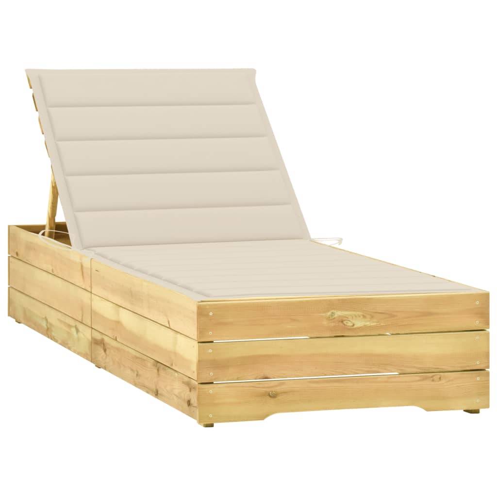 Helloshop26 - Transat chaise longue bain de soleil lit de jardin terrasse meuble d'extérieur avec coussin crème bois de pin imprégné - Image 1