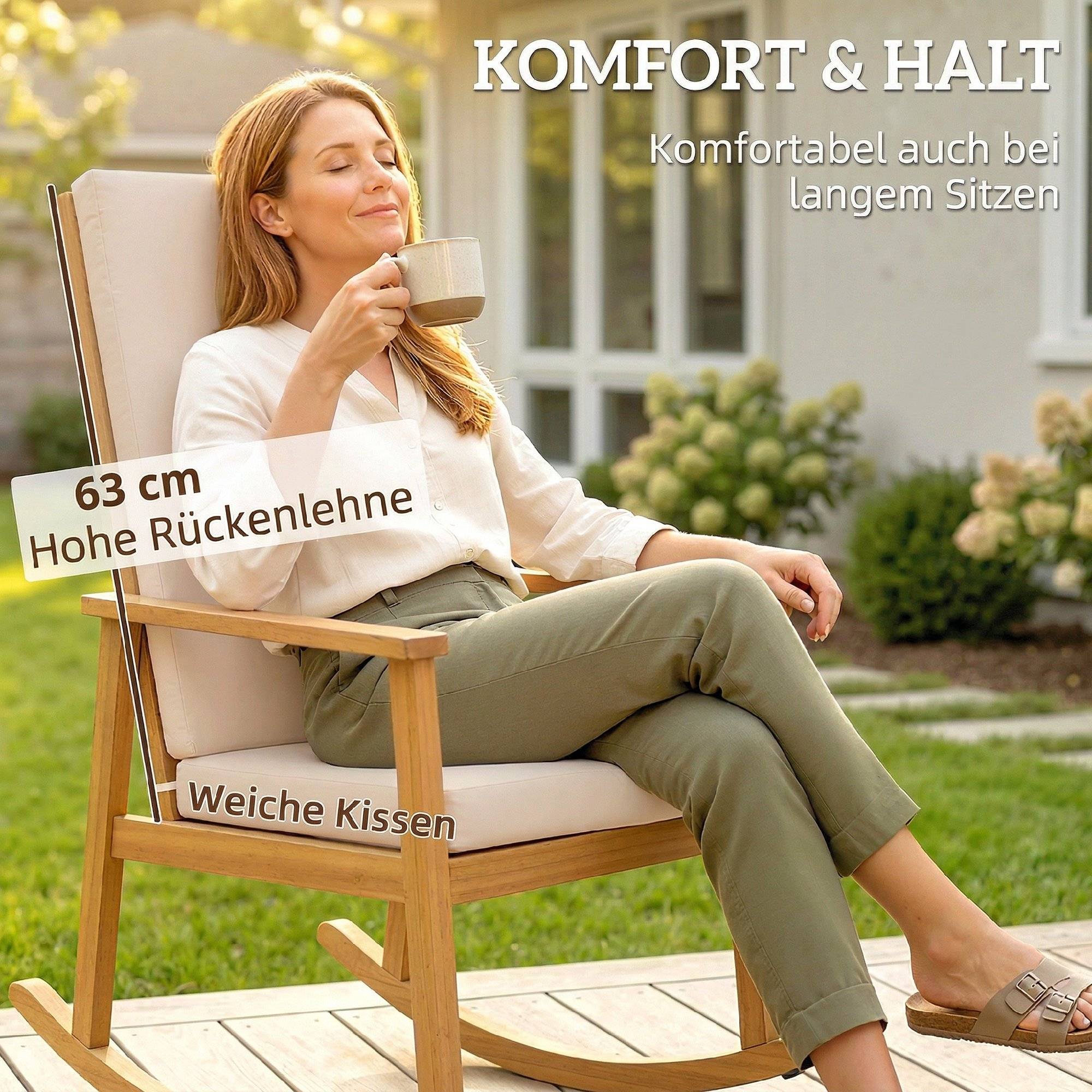 Fauteuil à bascule en bois d’acacia avec dossier haut et coussins, charge jusqu’à 160 kg, dimensions 60 x 89 x 107 cm, beige - Image 5