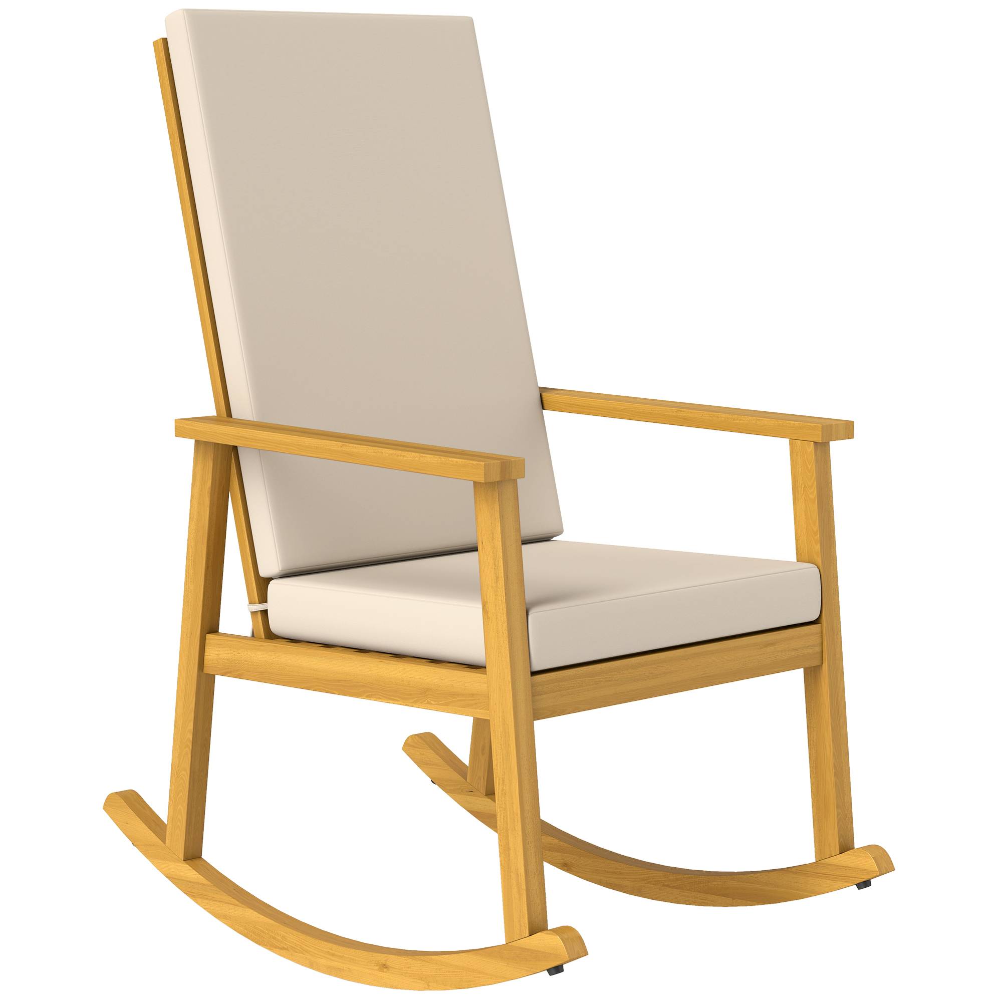 Fauteuil à bascule en bois d’acacia avec dossier haut et coussins, charge jusqu’à 160 kg, dimensions 60 x 89 x 107 cm, beige - Image 1