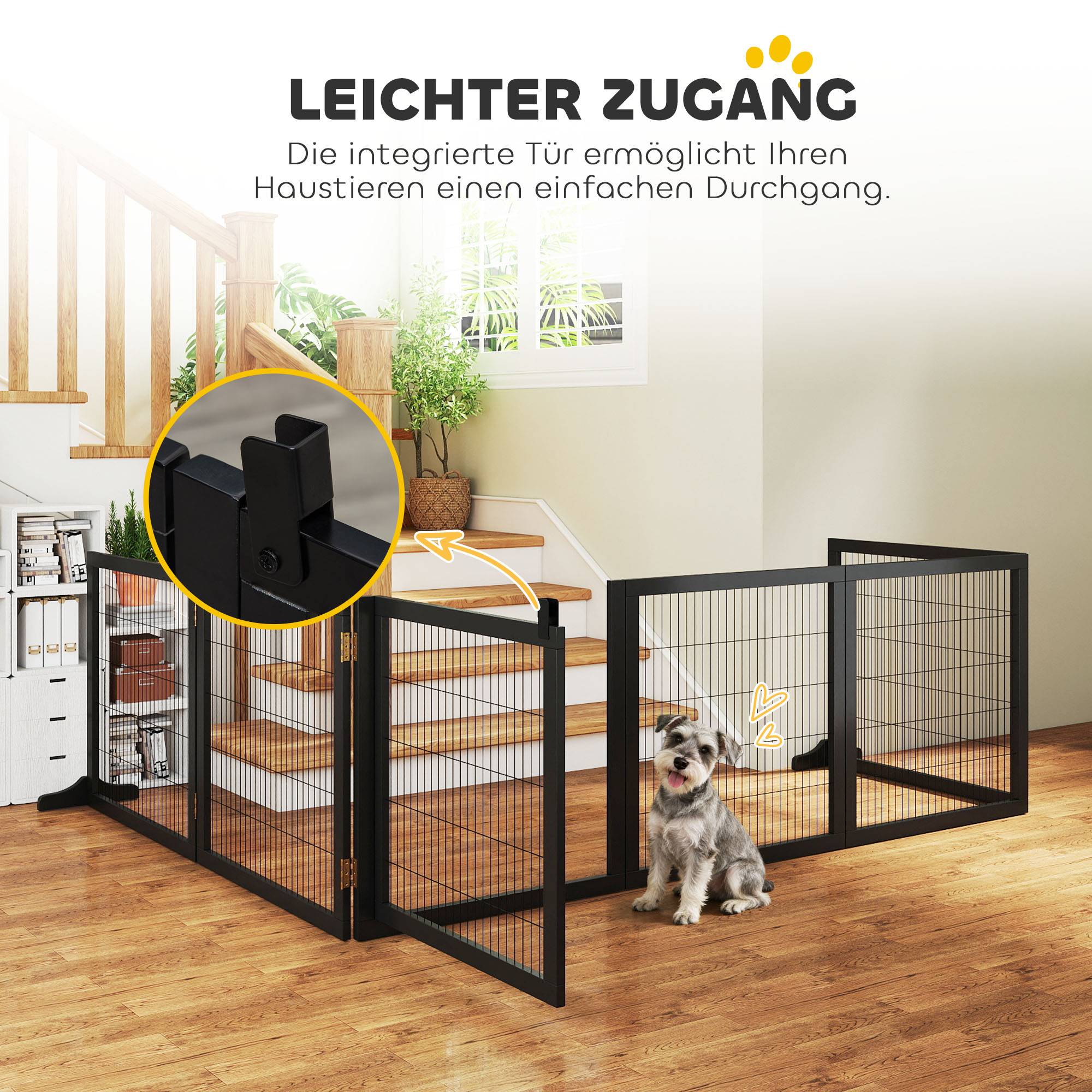 Barrière pour chien pliable 432 x 36 x 70 cm, pin, noir - Image 9