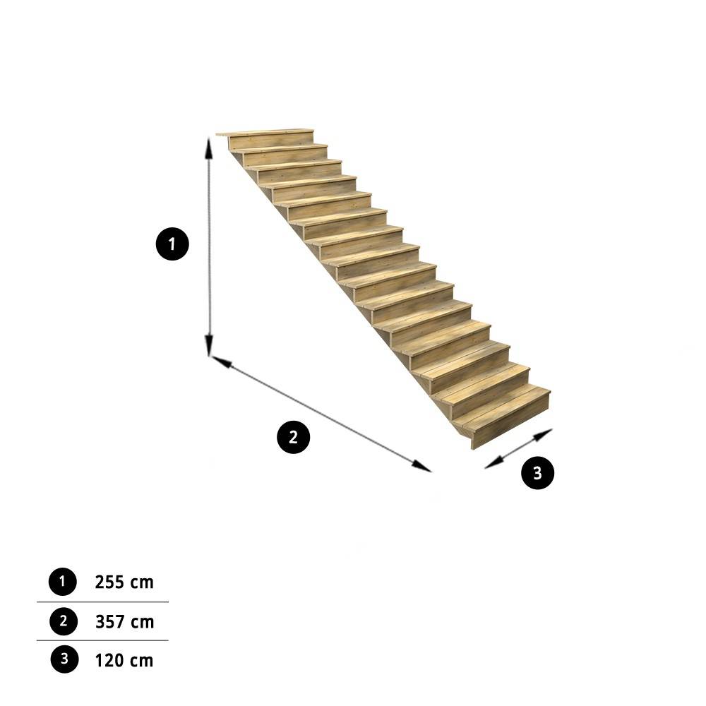 Escalier Bois Exterieur - 15 Marches Pleines - Largeur : 1m20 - Hauteur : 2m55 - Avec Contremarches - Pin du Nord - Image 3