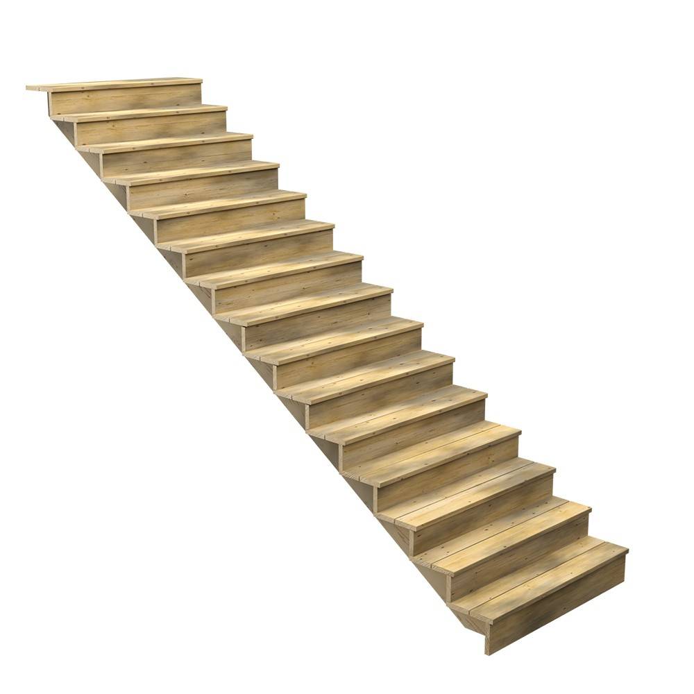 Escalier Bois Exterieur - 15 Marches Pleines - Largeur : 1m20 - Hauteur : 2m55 - Avec Contremarches - Pin du Nord - Image 1