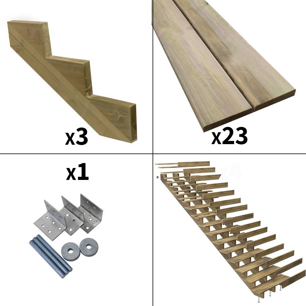 Escalier Bois Exterieur - 15 Marches Pleines - Largeur : 1m20 - Hauteur : 2m55 - Avec Contremarches - Pin du Nord - Image 2