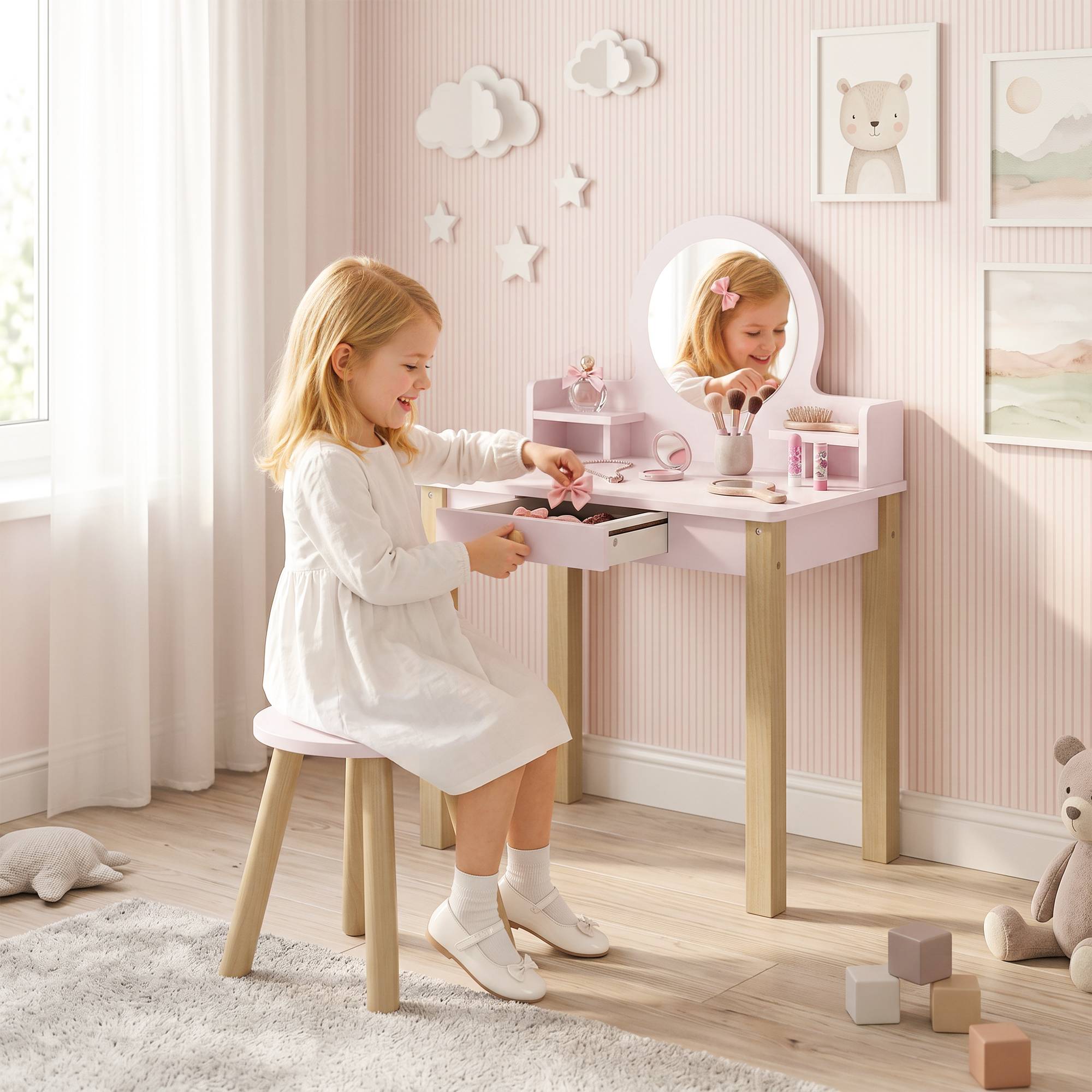 Sans Marque - Set Toeletta Trucco Bambina avec Sgabello, Specchio et Cassetto en Legno, Età 3-6 Anni, Rose - Image 3