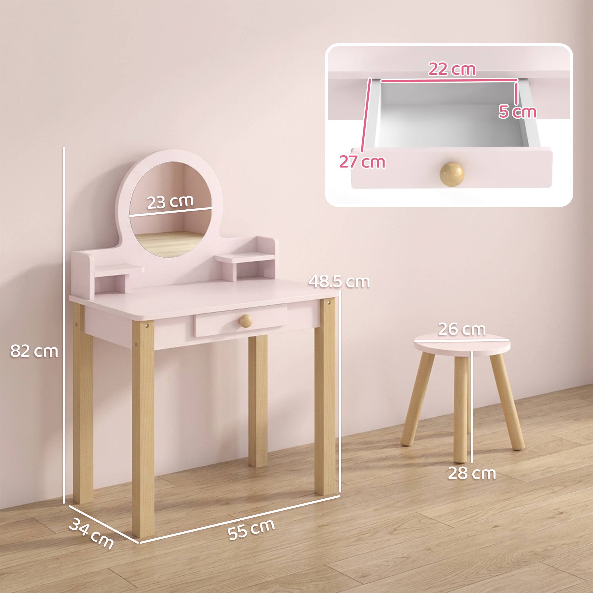 Sans Marque - Set Toeletta Trucco Bambina avec Sgabello, Specchio et Cassetto en Legno, Età 3-6 Anni, Rose - Image 5