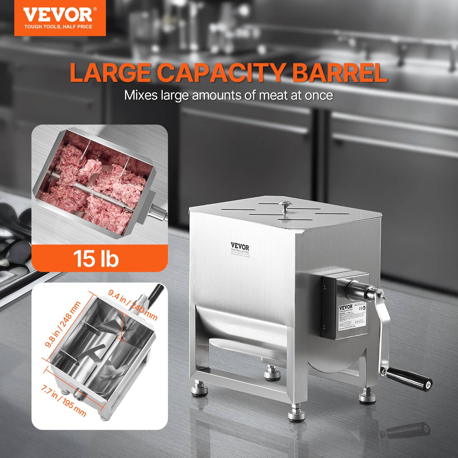 VEVOR Mélangeur viande manuel, 15L fixe, acier inox, réducteur vitesse, pour saucisse, bœuf haché. - Image 2