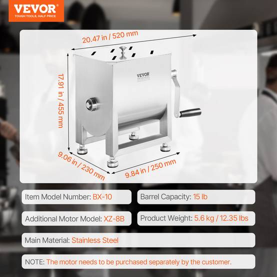 VEVOR Mélangeur viande manuel, 15L fixe, acier inox, réducteur vitesse, pour saucisse, bœuf haché. - Image 7