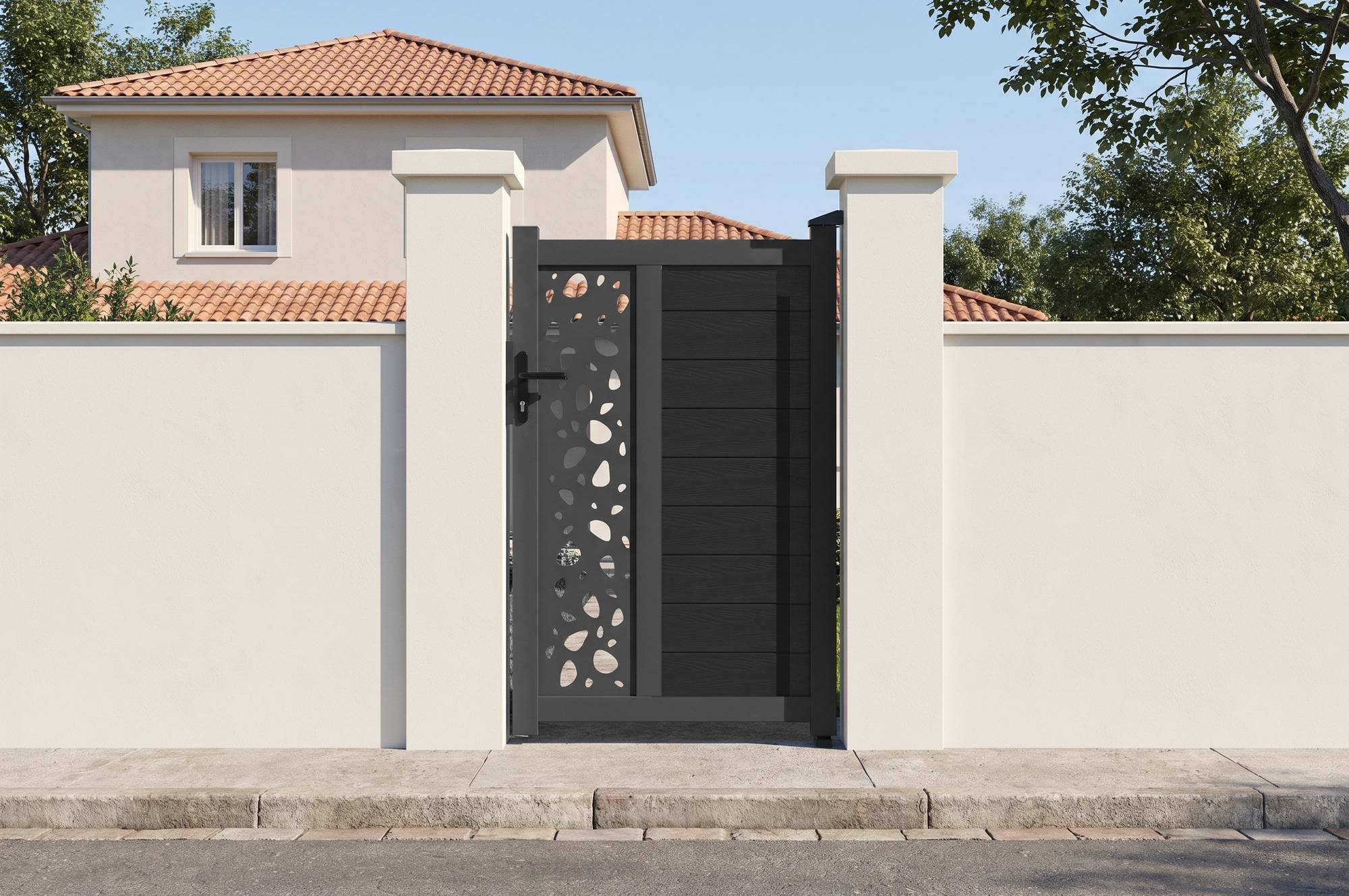 CASANOOV - Portillon bois composite 1m ATHOS SUNNY H.160cm gris anthracite avec cadre aluminium + 2 poteaux EIFEL aluminium 15x15cm
