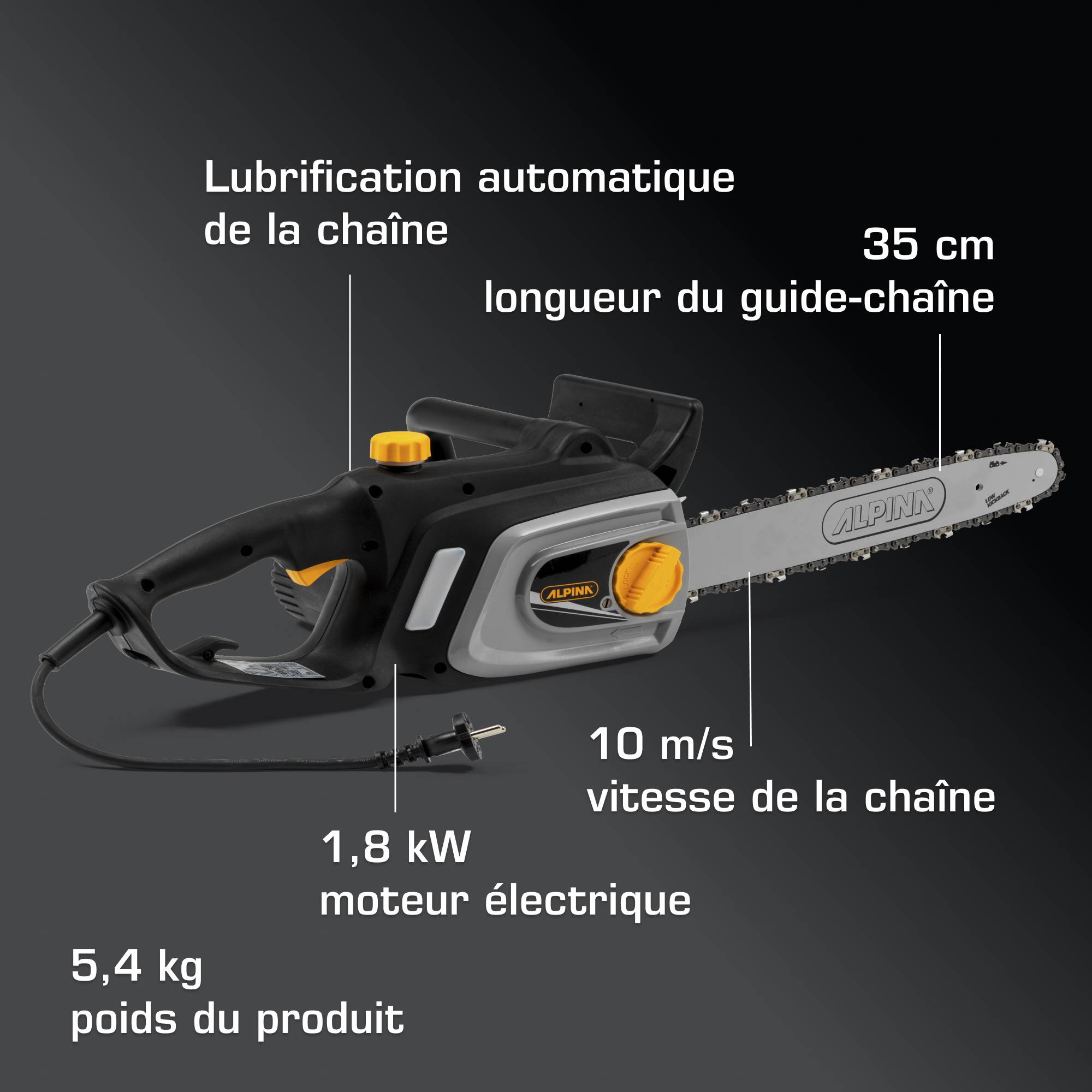 Alpina - Tronçonneuse électrique filaire ACS 181 E, Moteur 1800 W, Guide 35 cm avec huilage automatique et frein de chaîne manuel - Alpina - Image 5