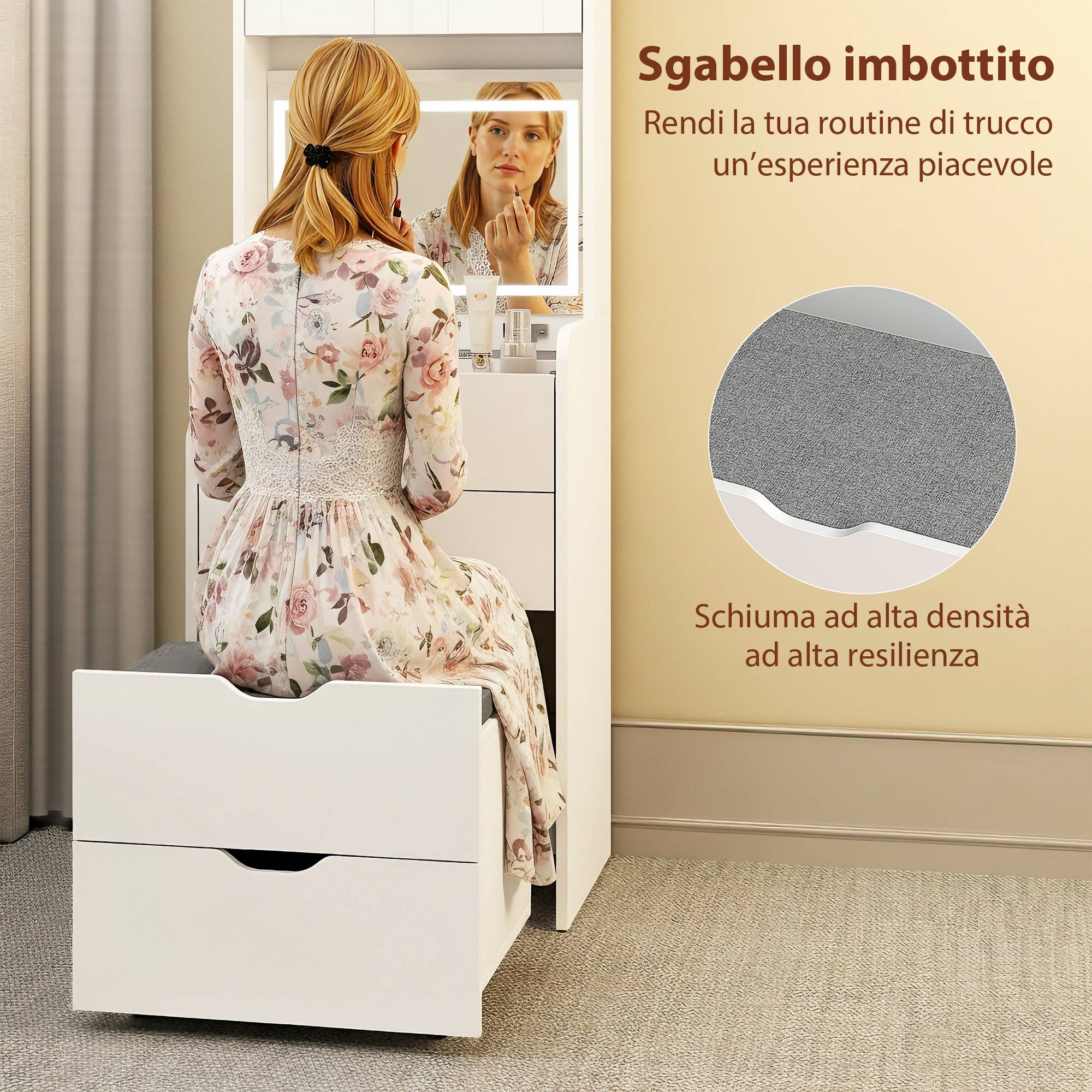 Sans Marque - Coiffeuse avec miroir éclairé, tabouret, éclairage réglable, tiroirs et armoire, blanche - Image 10