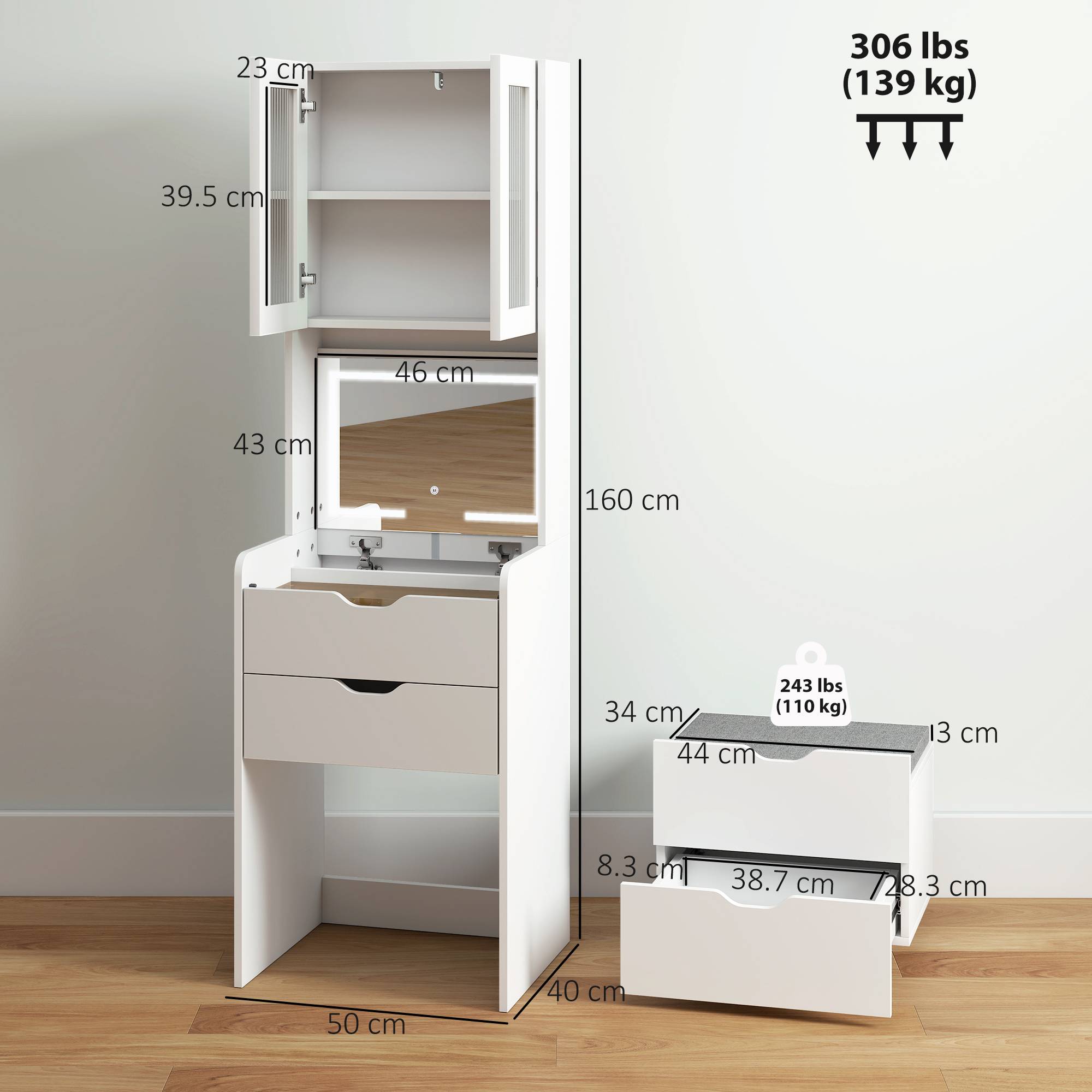 Sans Marque - Coiffeuse avec miroir éclairé, tabouret, éclairage réglable, tiroirs et armoire, blanche - Image 5
