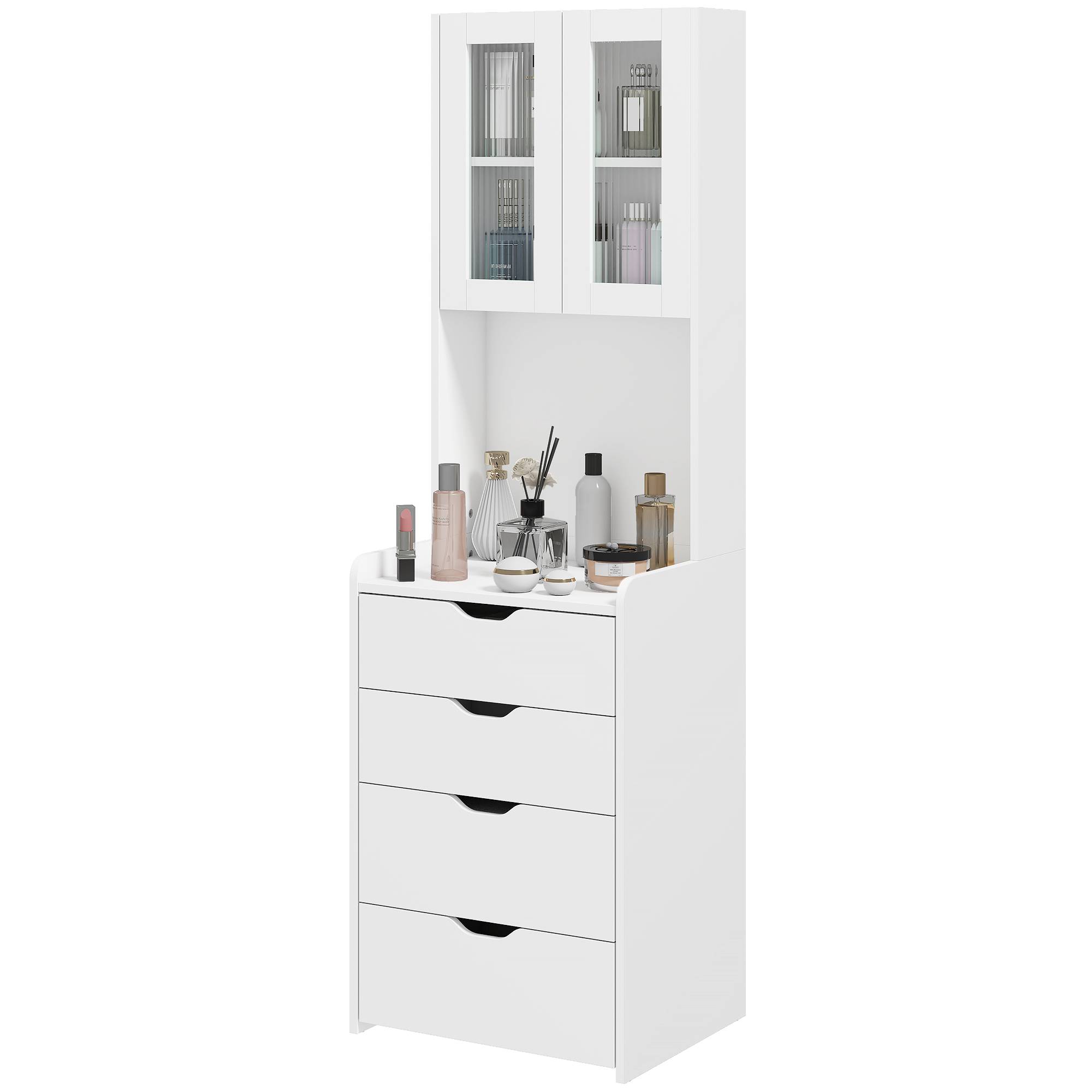 Sans Marque - Coiffeuse avec miroir éclairé, tabouret, éclairage réglable, tiroirs et armoire, blanche - Image 2