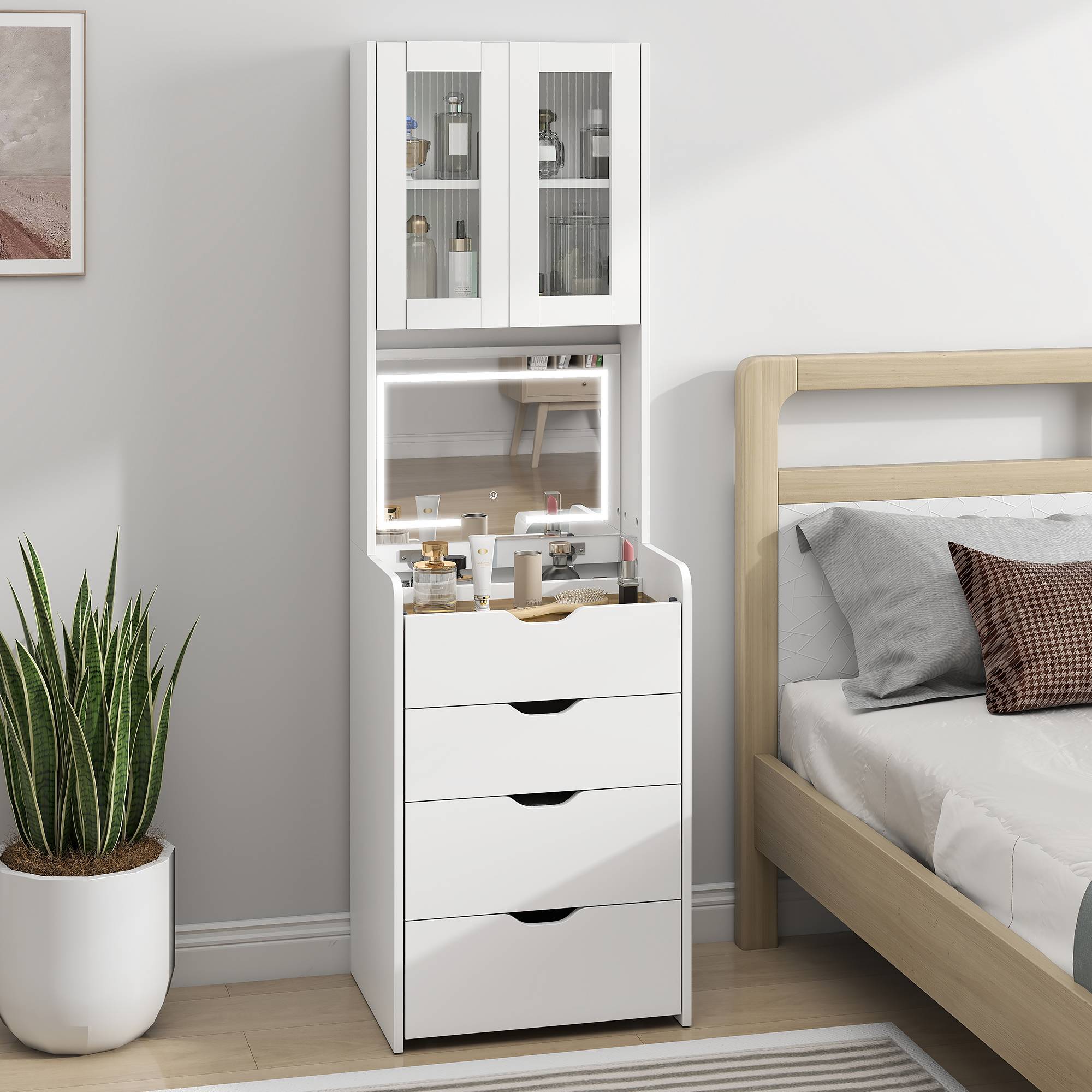 Sans Marque - Coiffeuse avec miroir éclairé, tabouret, éclairage réglable, tiroirs et armoire, blanche - Image 4