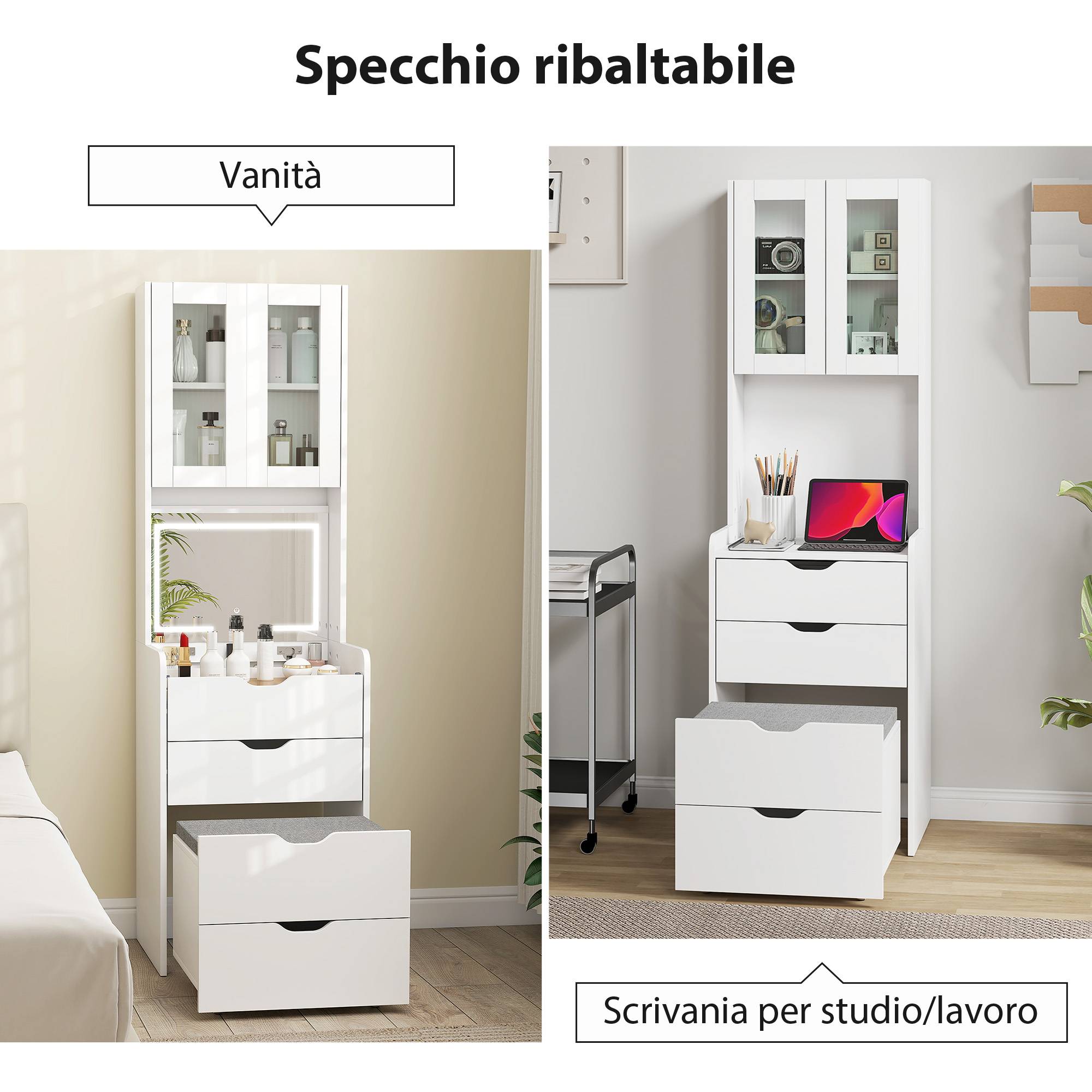 Sans Marque - Coiffeuse avec miroir éclairé, tabouret, éclairage réglable, tiroirs et armoire, blanche - Image 9